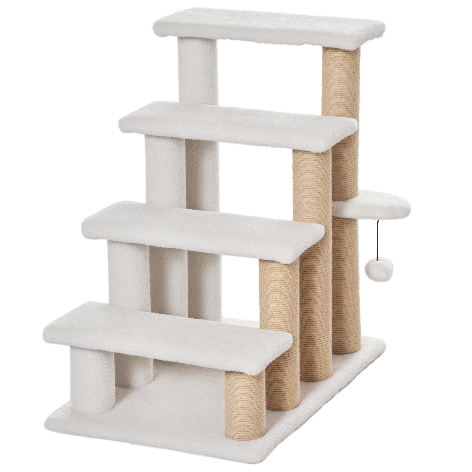 Pet Stair with 4-step Climb Ladder, Scratching Posts, Platforms, Toy Ball, for Indoor Elderly Cats Kittens, White (Drop Shipping Only, Not for Amazon)
