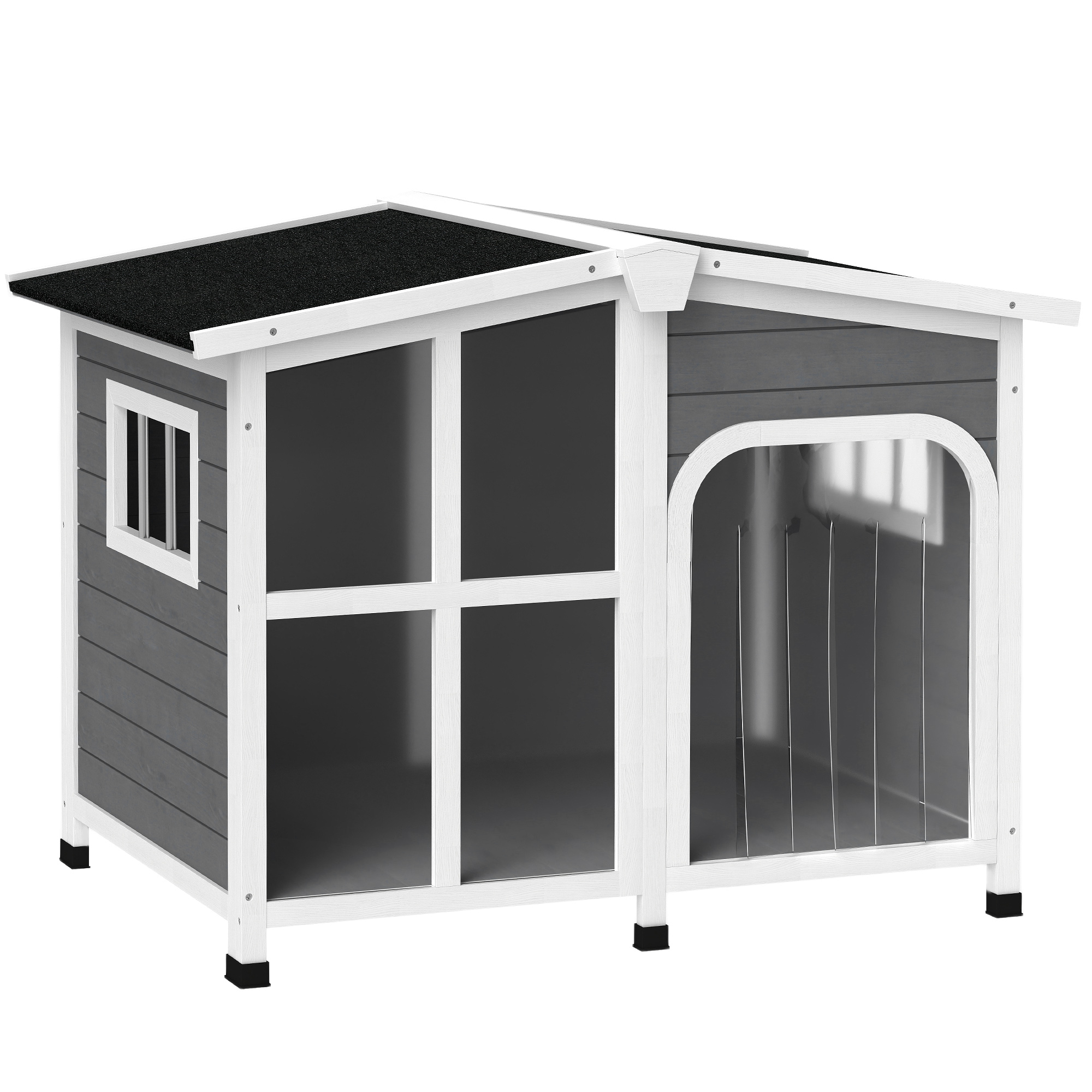 Outside Cabin-Style Wooden Dog House for Large Dogs with Openable Roof & Giant Window, Outdoor & Indoor Big Dog Shelter, Asphalt Roof, Gray (Drop Shipping Only, Not for Amazon)