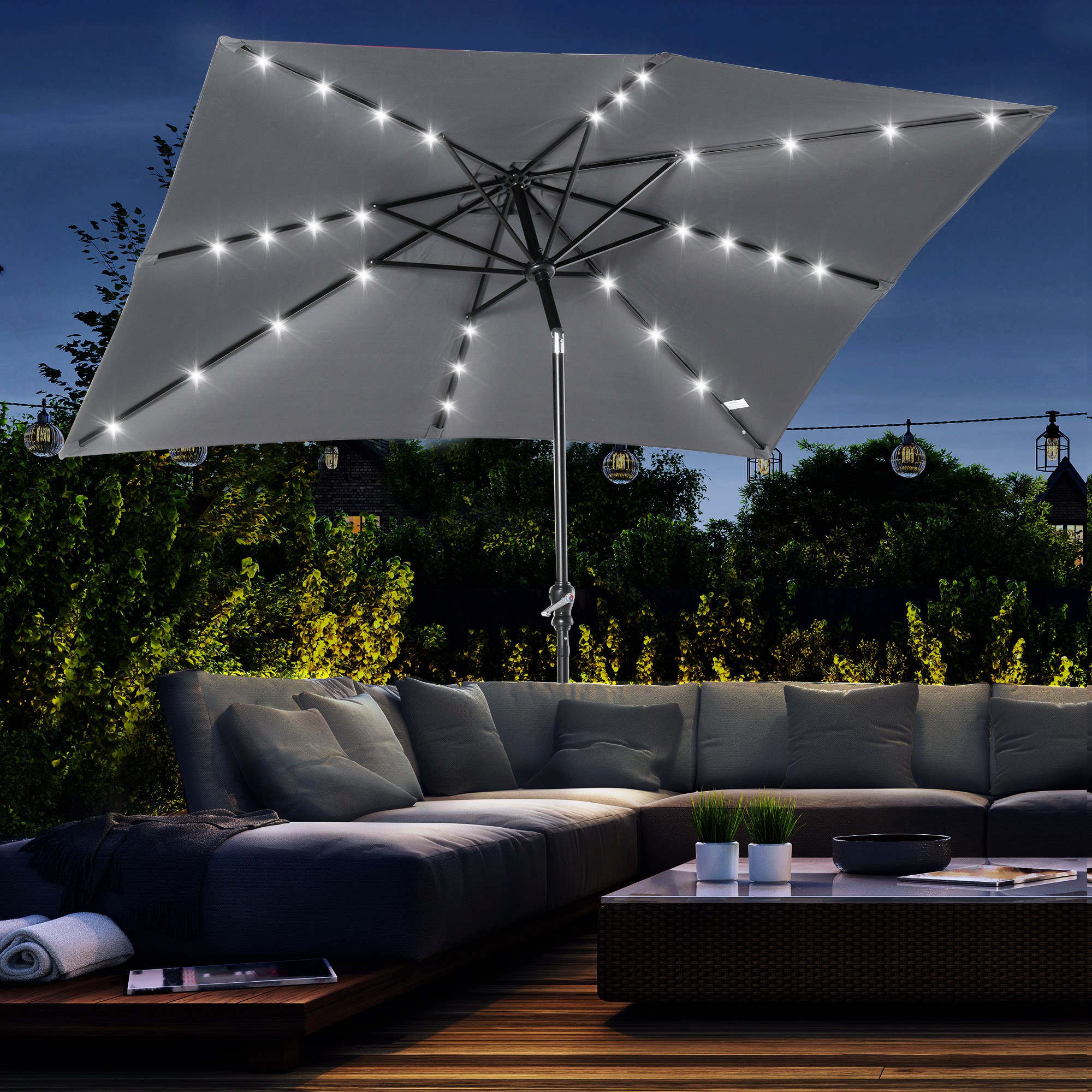 9' x 7' Solar Umbrella, LED Lighted Patio Umbrella for Table or Base with Tilt & Crank, Outdoor Umbrella for Backyard, Pool, Beach, Gray (Drop Shipping Only, Not for Amazon)