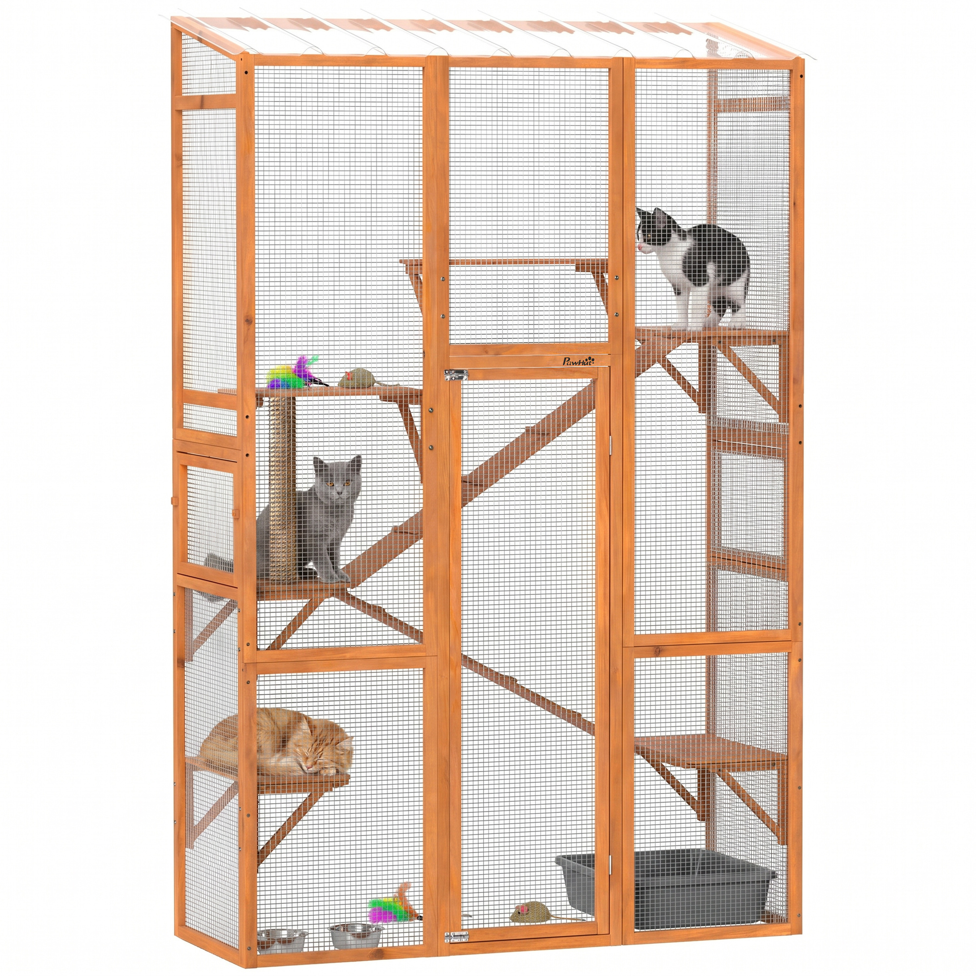 Outdoor Catio Cat Enclosure, Large Wooden Cat House with 6 Jumping Platforms, Scratching Post, 2 Ramps, for 2-3 Kittens (Drop Shipping Only, Not for Amazon)