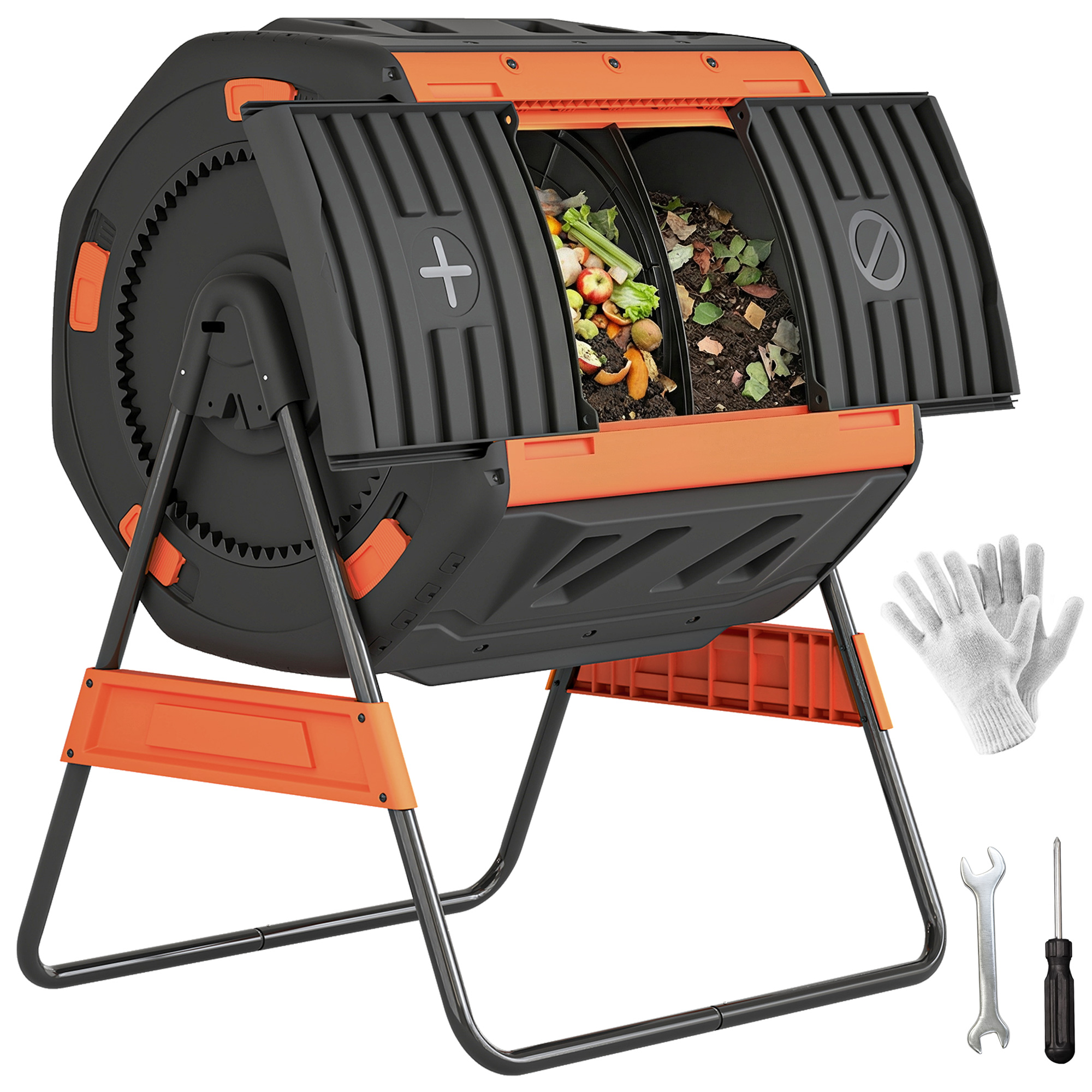 Compost Bin Outdoor, 53 Gal Dual Chamber Tumbling Composter with Adjustable Vents, BPA Free Tumbling Composter, Orange (Drop Shipping Only, Not for Amazon)