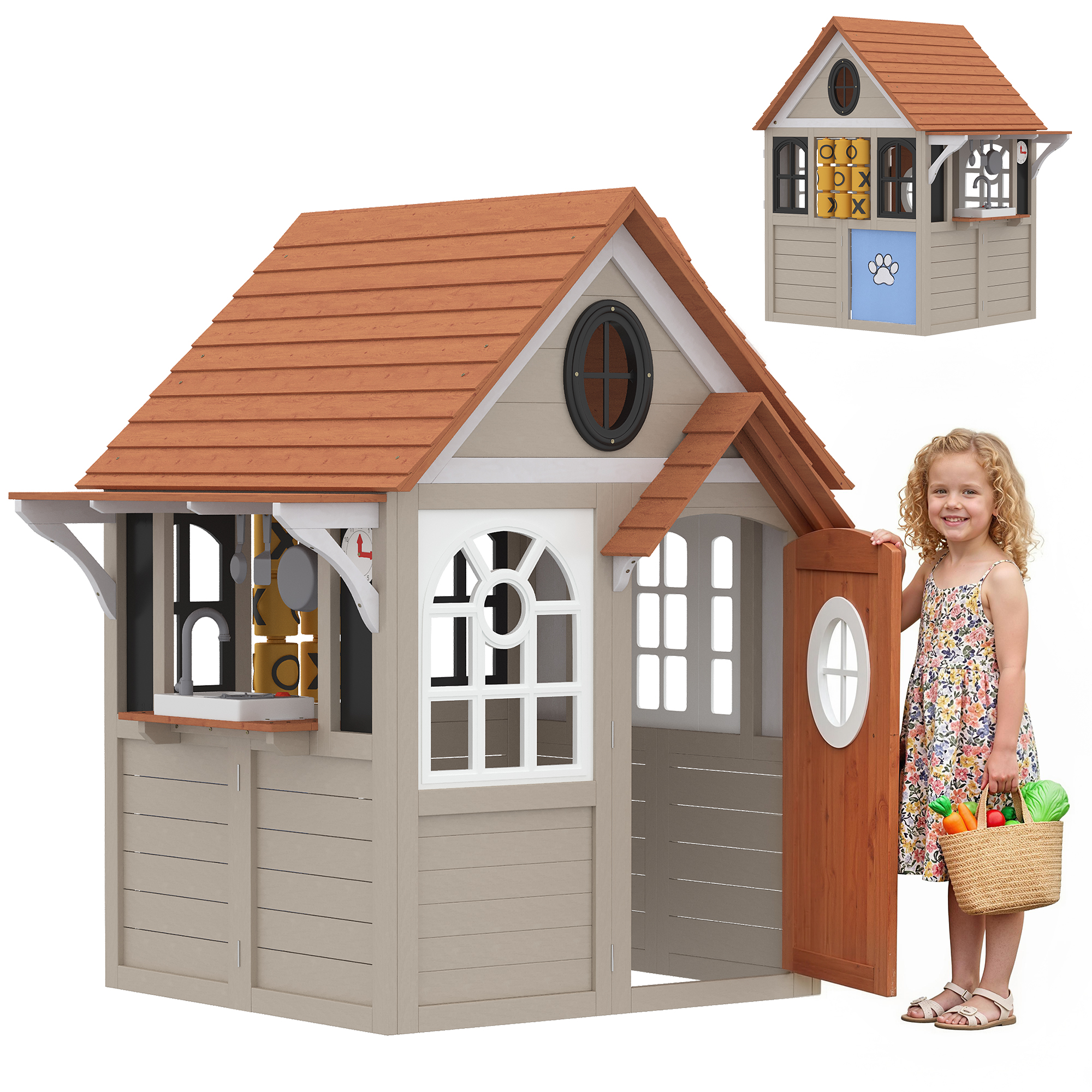 Outdoor Playhouse, Wooden Kids Playhouse with Dog Door, Cookware, Blackboard, Clock, Tic-Tac-Toe Roller for Backyard (Drop Shipping Only, Not for Amazon)