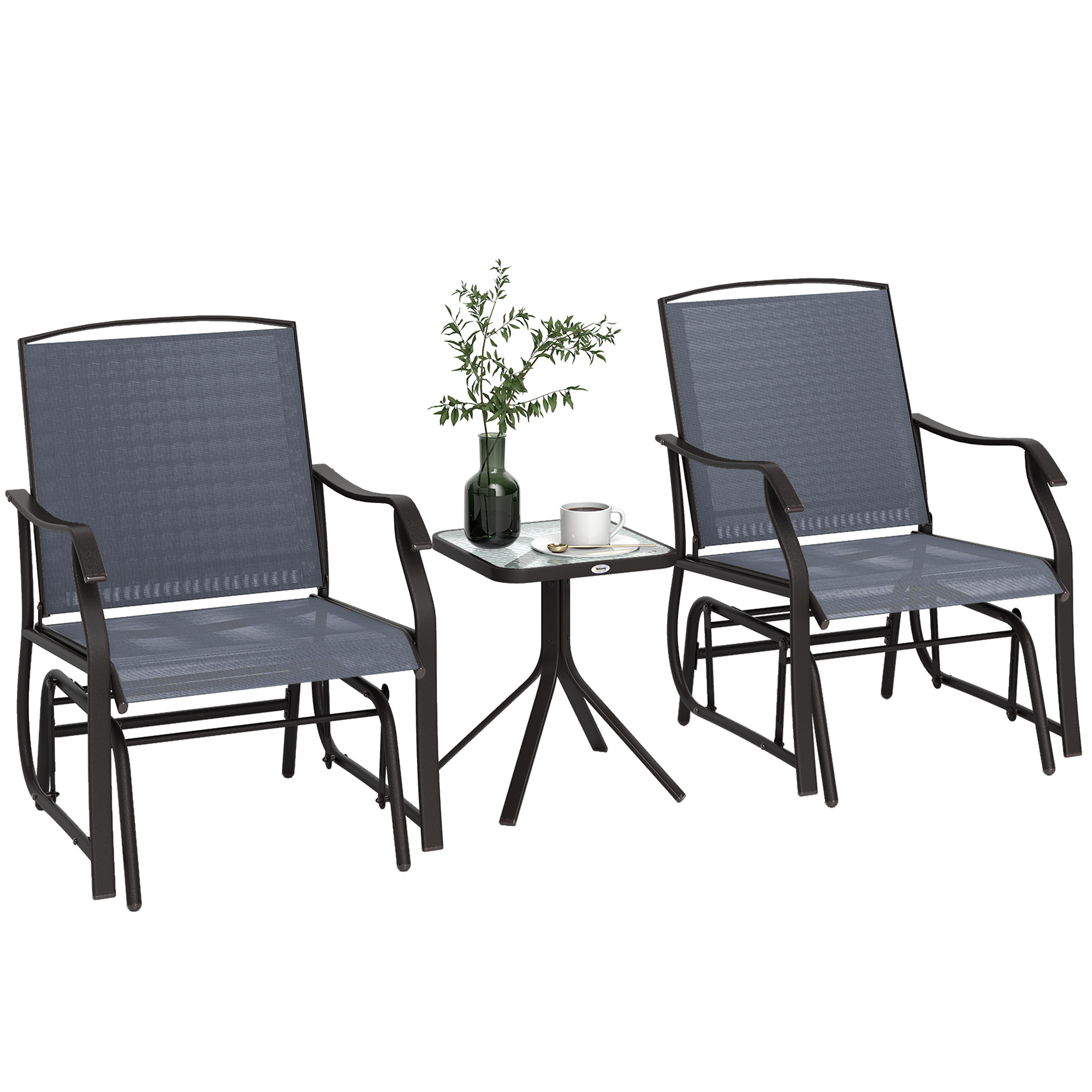 3 Piece Outdoor Glider Chair with Coffee Table Bistro Set, 2 Patio Rocking Swing Chairs with Breathable Sling Fabric, Glass Tabletop, for Backyard, Garden and Porch, Gray (Drop Shipping Only, Not for Amazon)