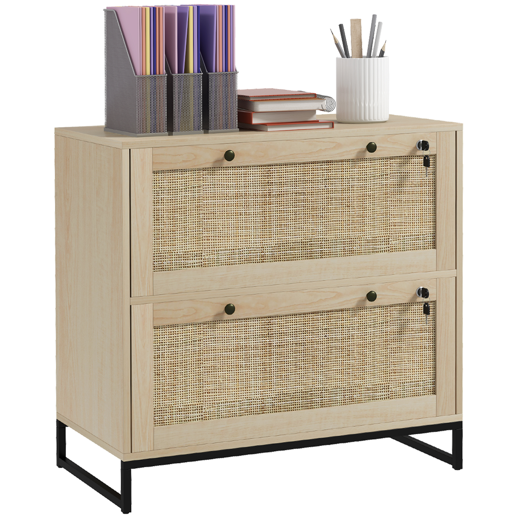 Lockable Filing Cabinet, Boho 2 Drawer File Cabinet with Adjustable Hanging Bar for Letter, A4 and Legal Size, Natural (Drop Shipping Only, Not for Amazon)
