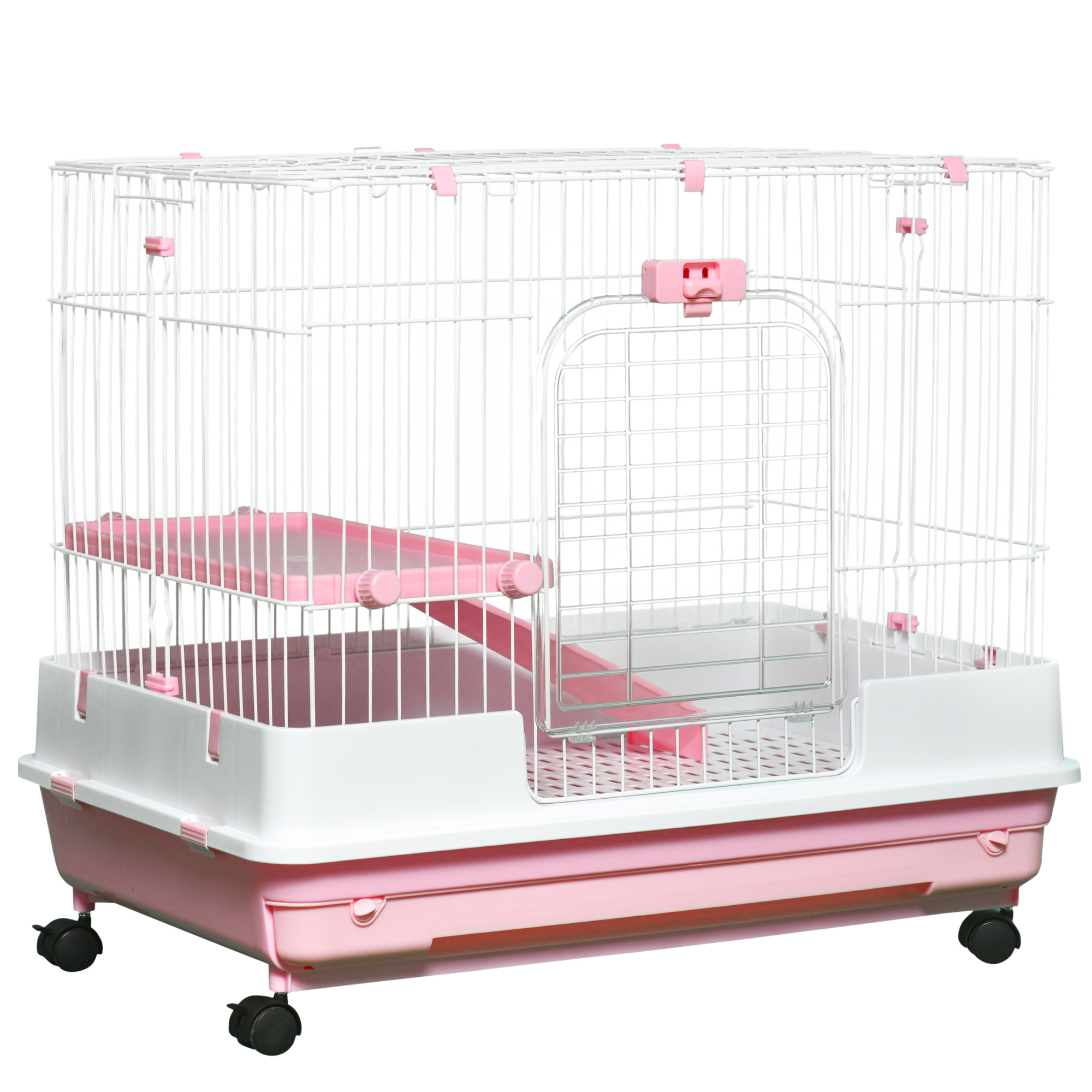 2-Level Small Animal Cage Rabbit Hutch with Wheels, Removable Tray, Platform and Ramp for Bunny, Chinchillas, Ferret, Pink (Drop Shipping Only, Not for Amazon)