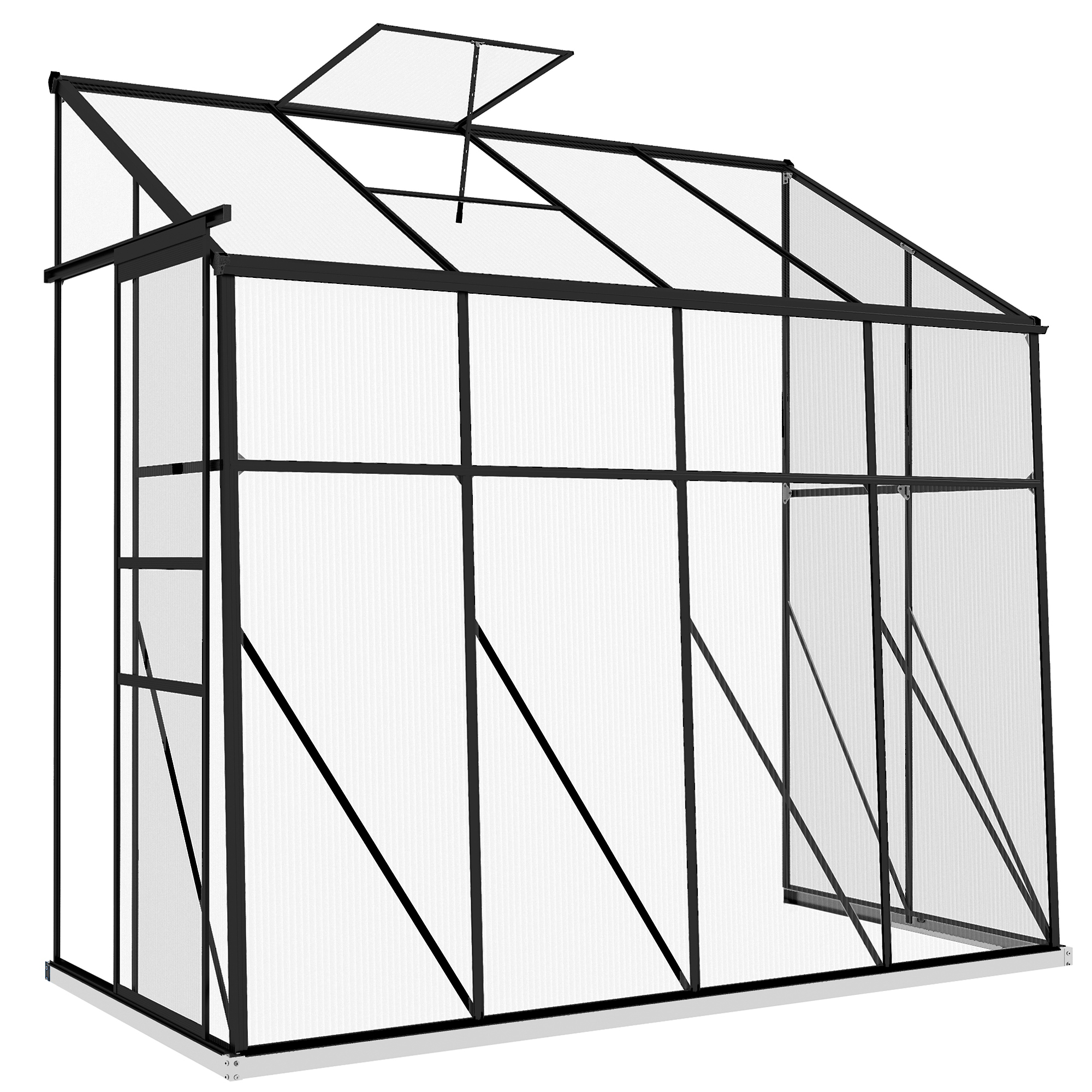 8' x 4' Walk-in Polycarbonate Greenhouse, Lean-to Aluminum Green House with Rain Gutter and Foundation, Black (Drop Shipping Only, Not for Amazon)