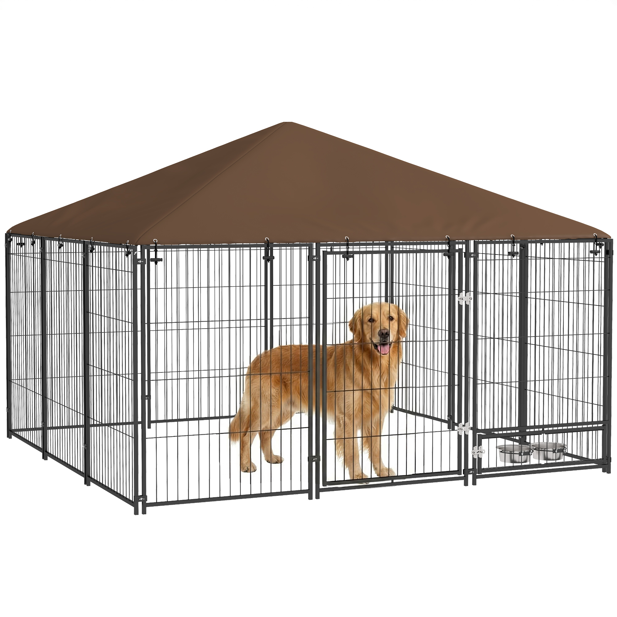 6.9' x 6.9' x 5' Outdoor Dog Kennel with Canopy Garden Playpen Fence Crate Enclosure Cage Rotating Bowl, Coffee (Drop Shipping Only, Not for Amazon)