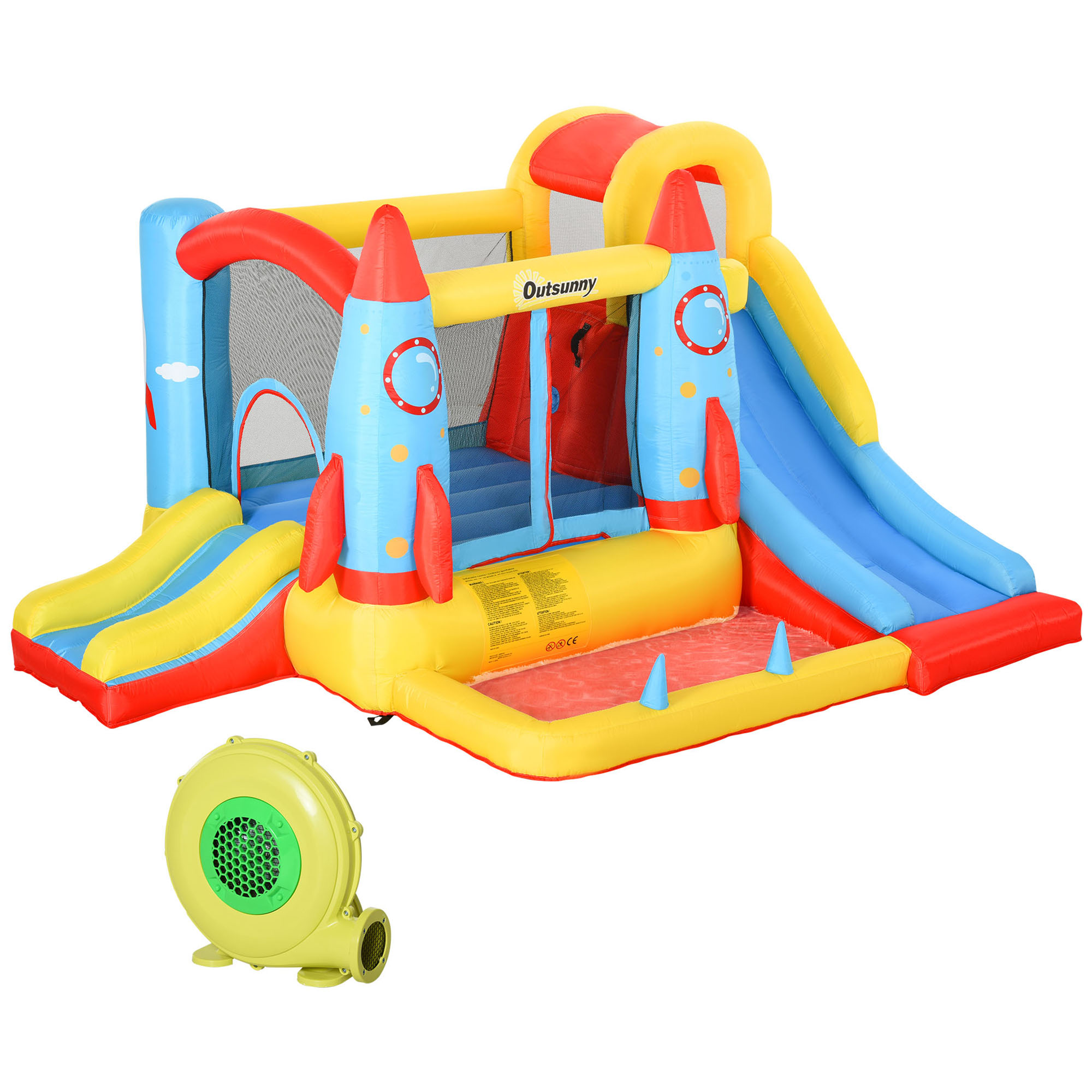Kids Bounce House, 4-in-1 Rocket Inflatable Water Slide Jumping Castle with 2 Slides, Climbing Wall, Trampoline, & Water Pool Area, Air Blower (Drop Shipping Only, Not for Amazon)