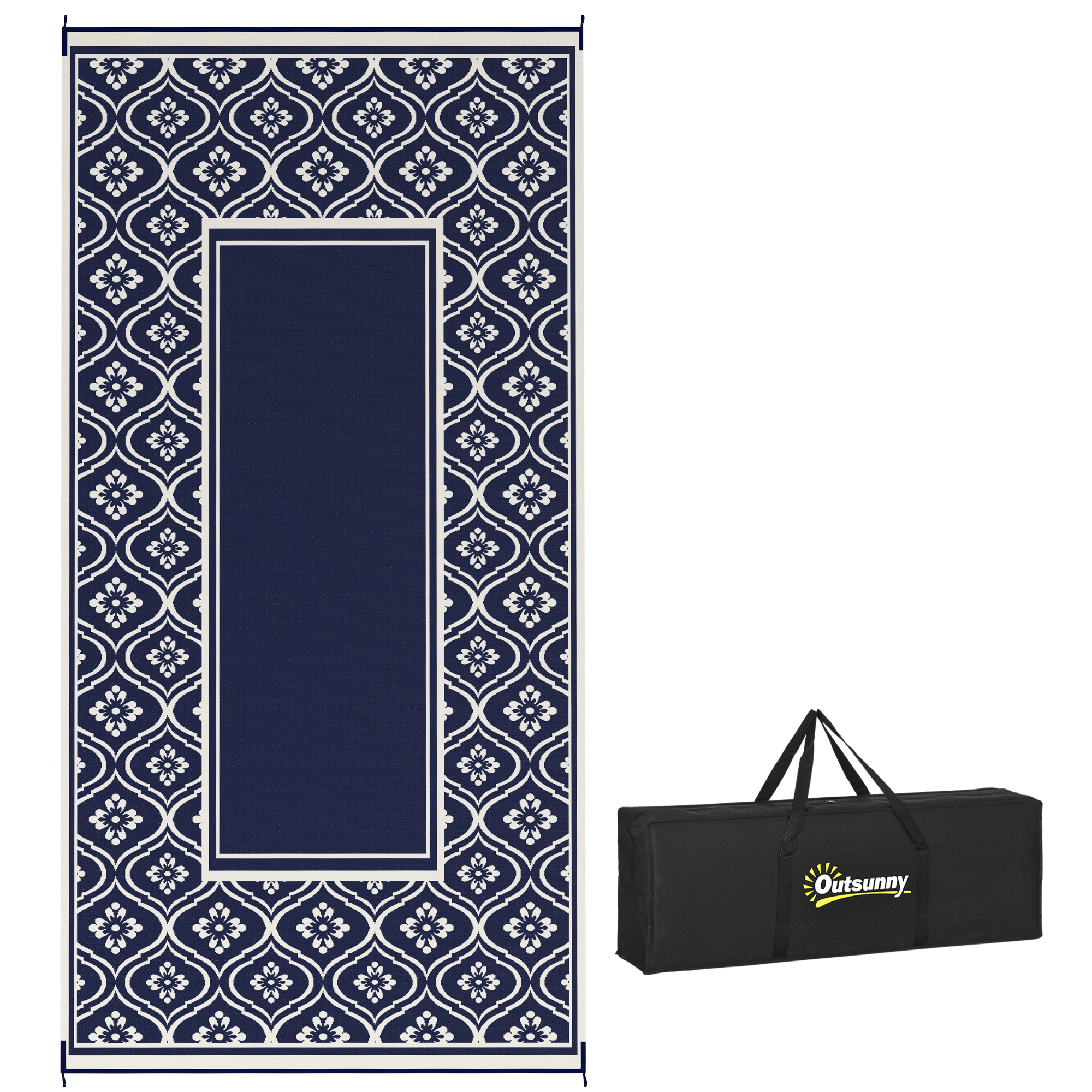 Reversible Outdoor Rug, Waterproof Plastic Straw with Carry Bag, 9' x 18', Blue & White Gourd Border (Drop Shipping Only, Not for Amazon)