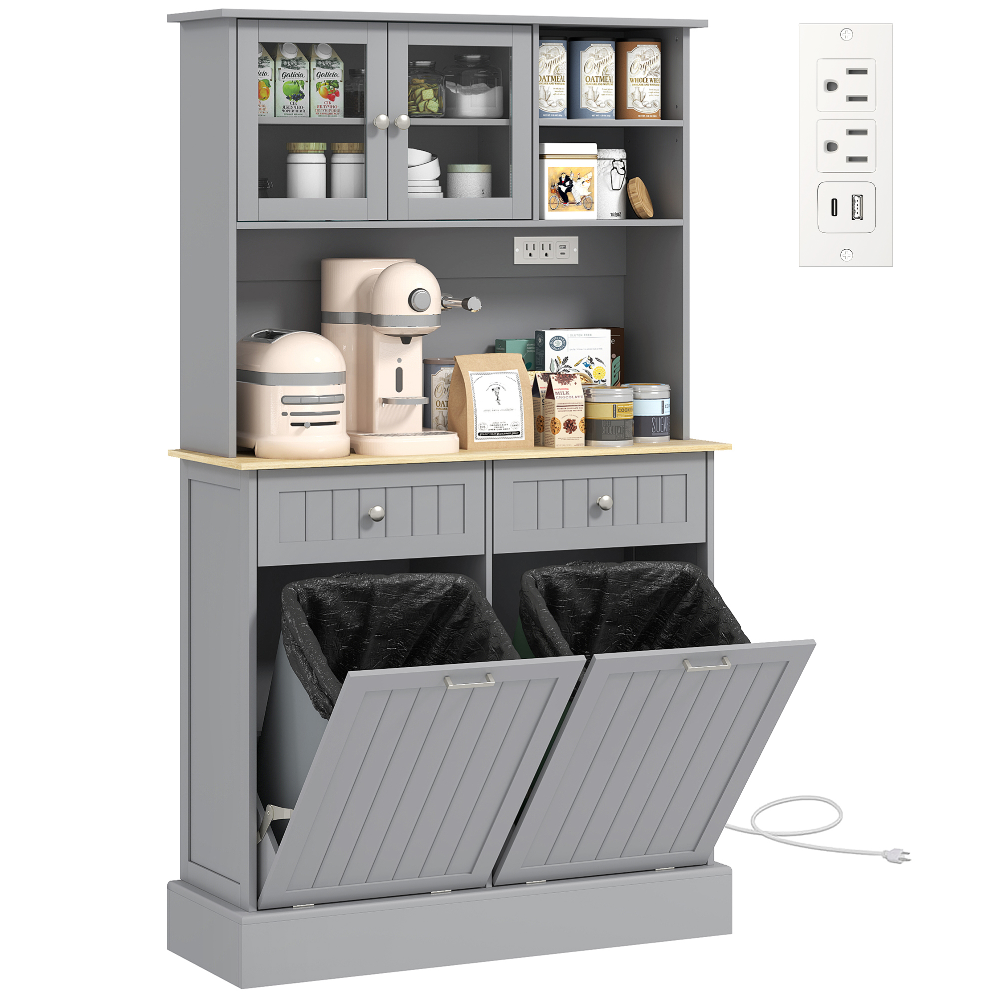 Kitchen Cabinet with Charging Station, 2 Tilt Out Cabinets, Microwave Stand, Freestanding Kitchen Pantry Cabinet, Gray (Drop Shipping Only, Not for Amazon)