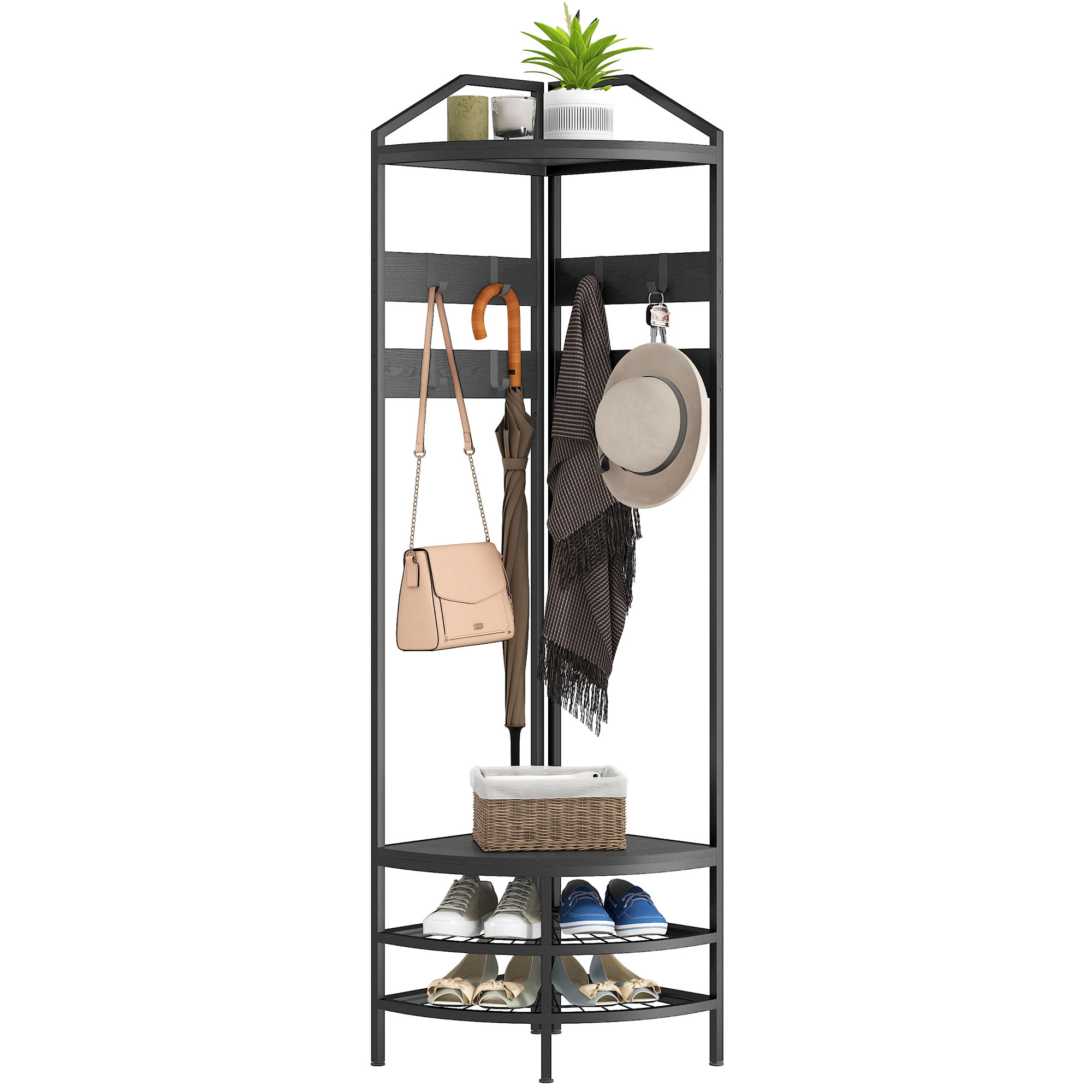 Corner Hall Tree, Industrial 4-Tier Coat Rack with Shoe Storage, 8 Movable Hooks and 2 Shelves for Hallway, Black (Drop Shipping Only, Not for Amazon)