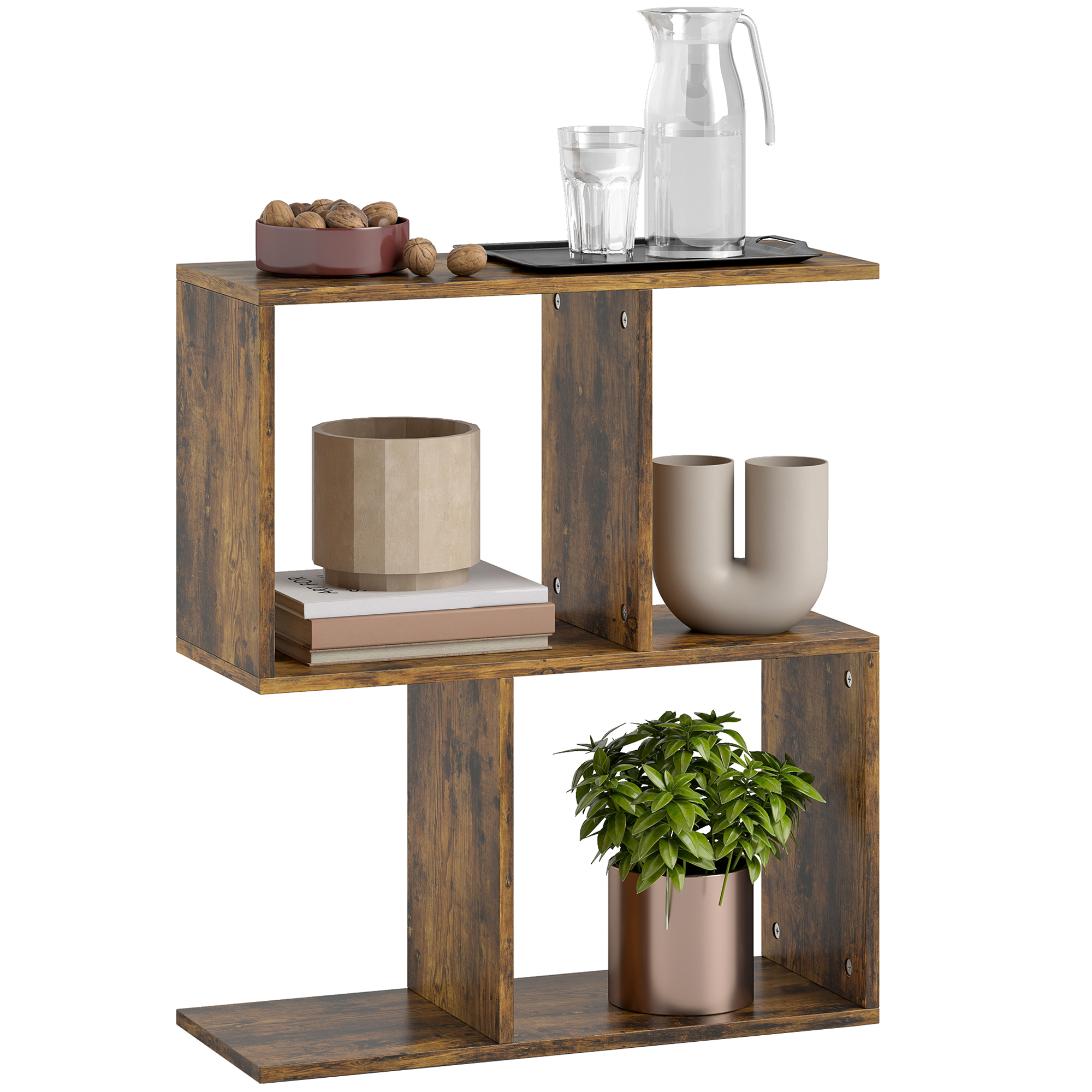 Side Table, Narrow End Table with Storage Shelves, S-Shaped, 3-Tier, 50W x 19.5D x 58H cm, Rustic Brown (Drop Shipping Only, Not for Amazon)