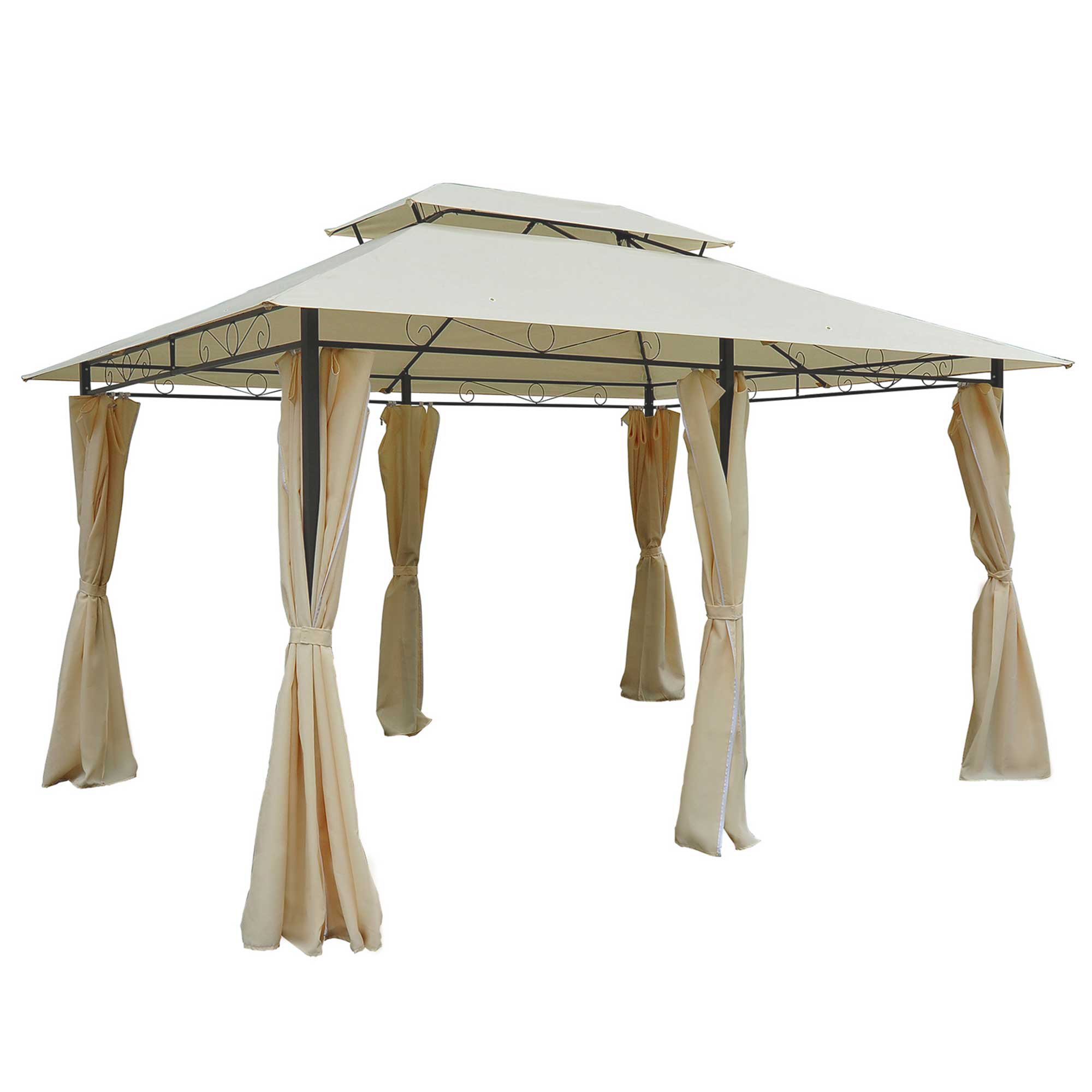 4m x 3(m)Garden Gazebo, Double Roof Outdoor Gazebo Canopy Shelter with Curtains, Solid Steel Frame for Lawn and Deck, Beige (Drop Shipping Only, Not for Amazon)