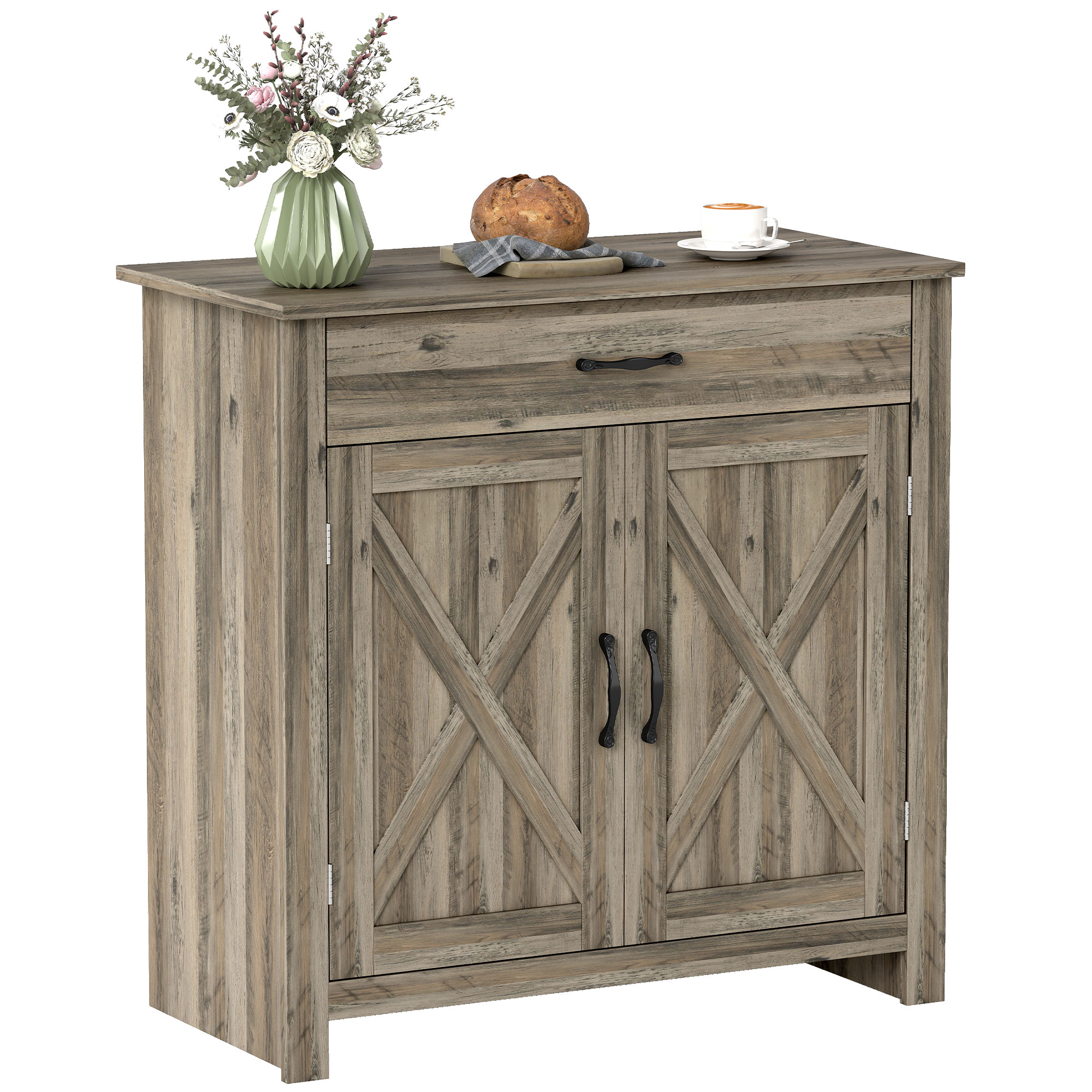Farmhouse Barn Door Sideboard Accent Buffet Storage Cabinet Coffee Bar for Living Room, Entryway, Grey Wash (Drop Shipping Only, Not for Amazon)