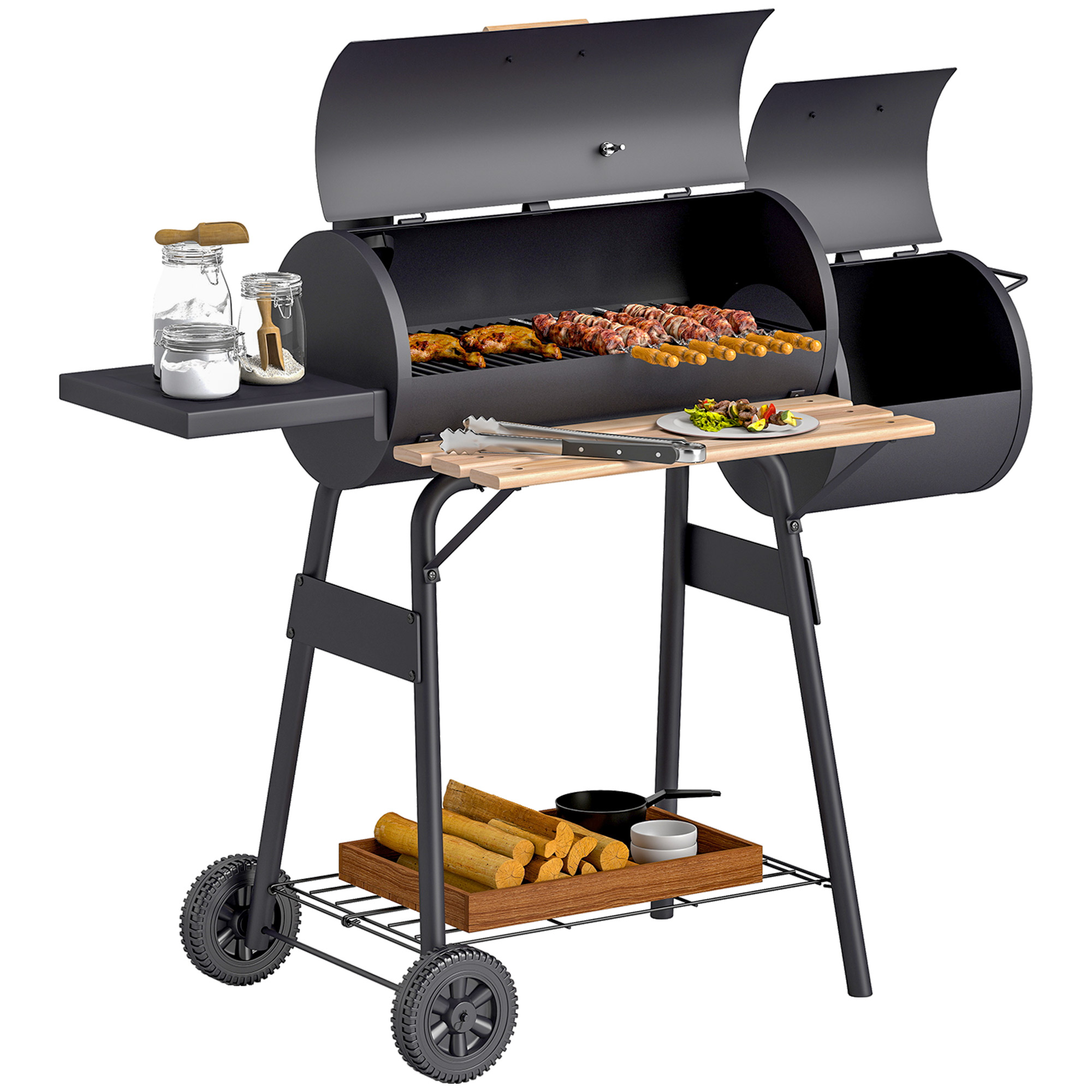 Portable Charcoal BBQ Grill, Cold-rolled Steel, Solid Wood, 104H x 124L x53W cm-Black (Drop Shipping Only, Not for Amazon)