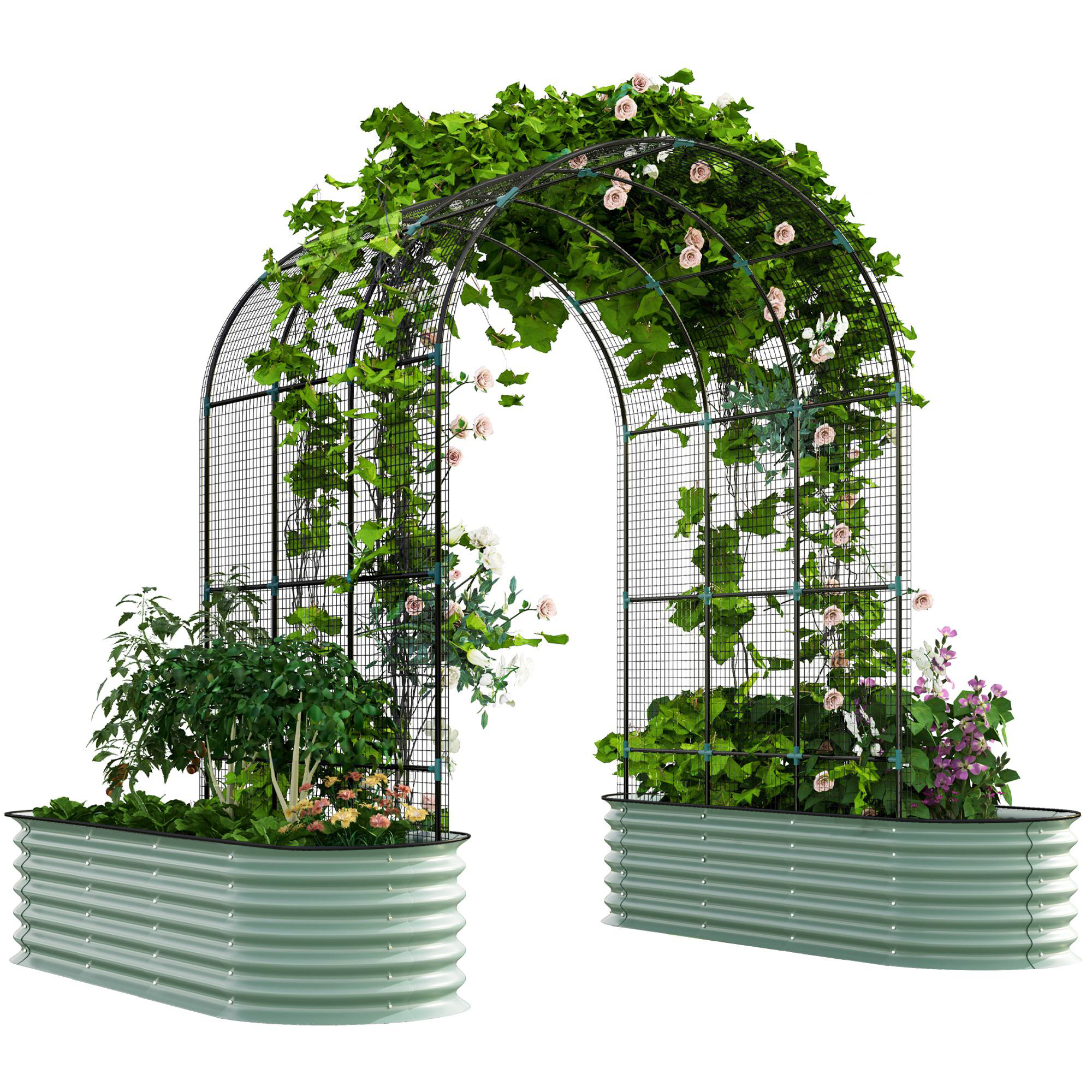 Raised Garden Beds Set with Arch Trellis, Climbing Net, Galvanized Planter Box for Climbing Vegetables Flowers Herbs (Drop Shipping Only, Not for Amazon)