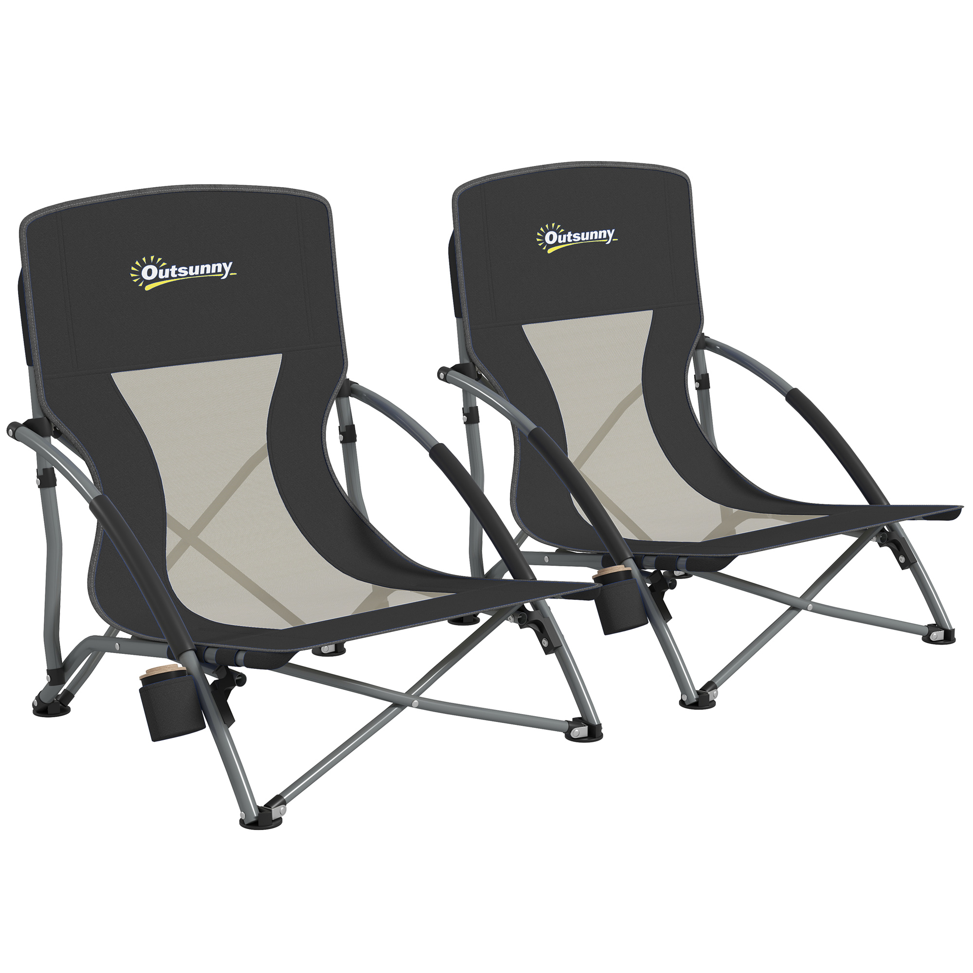 Set of 2 Folding Beach Chairs with Mesh Back, Carry Bag and Cup Holder for Outdoor Camping Lawn Sports Picnic, Black (Drop Shipping Only, Not for Amazon)