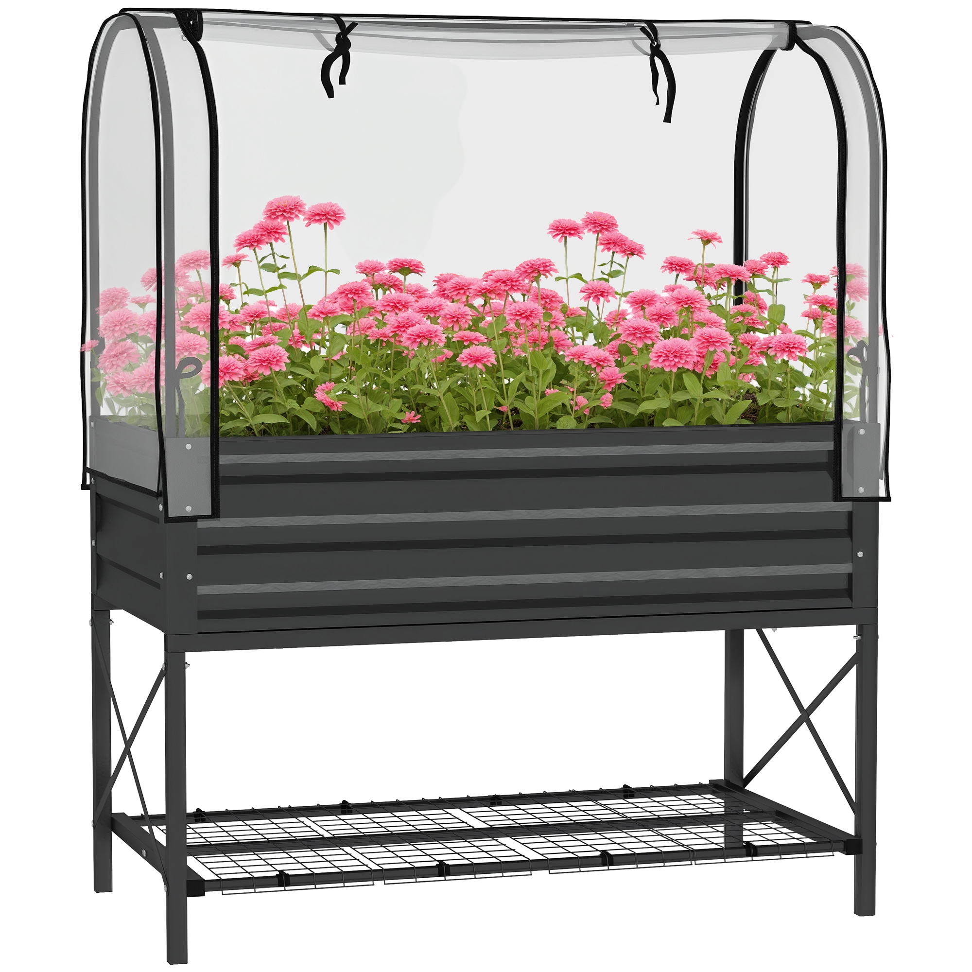 Raised Garden Bed with Legs and Cover, Metal Elevated Planter Box with Bottom Shelf and Liner for Vegetables, Brown (Drop Shipping Only, Not for Amazon)