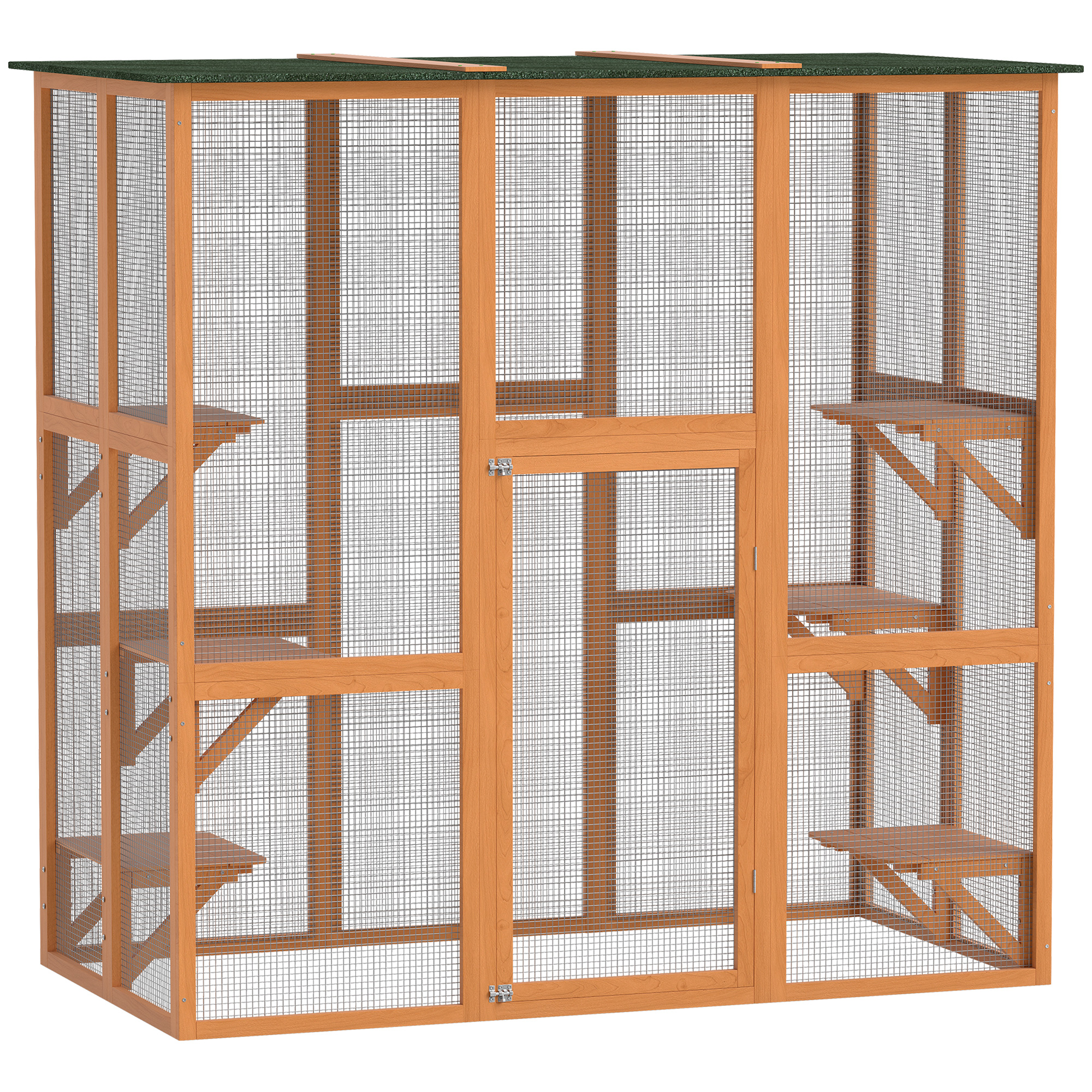 Outdoor Cat House Big Catio Wooden Feral Cat Shelter Enclosure with Large Spacious Interior, 6 High Ledges, Weather Protection Asphalt Roof, 71