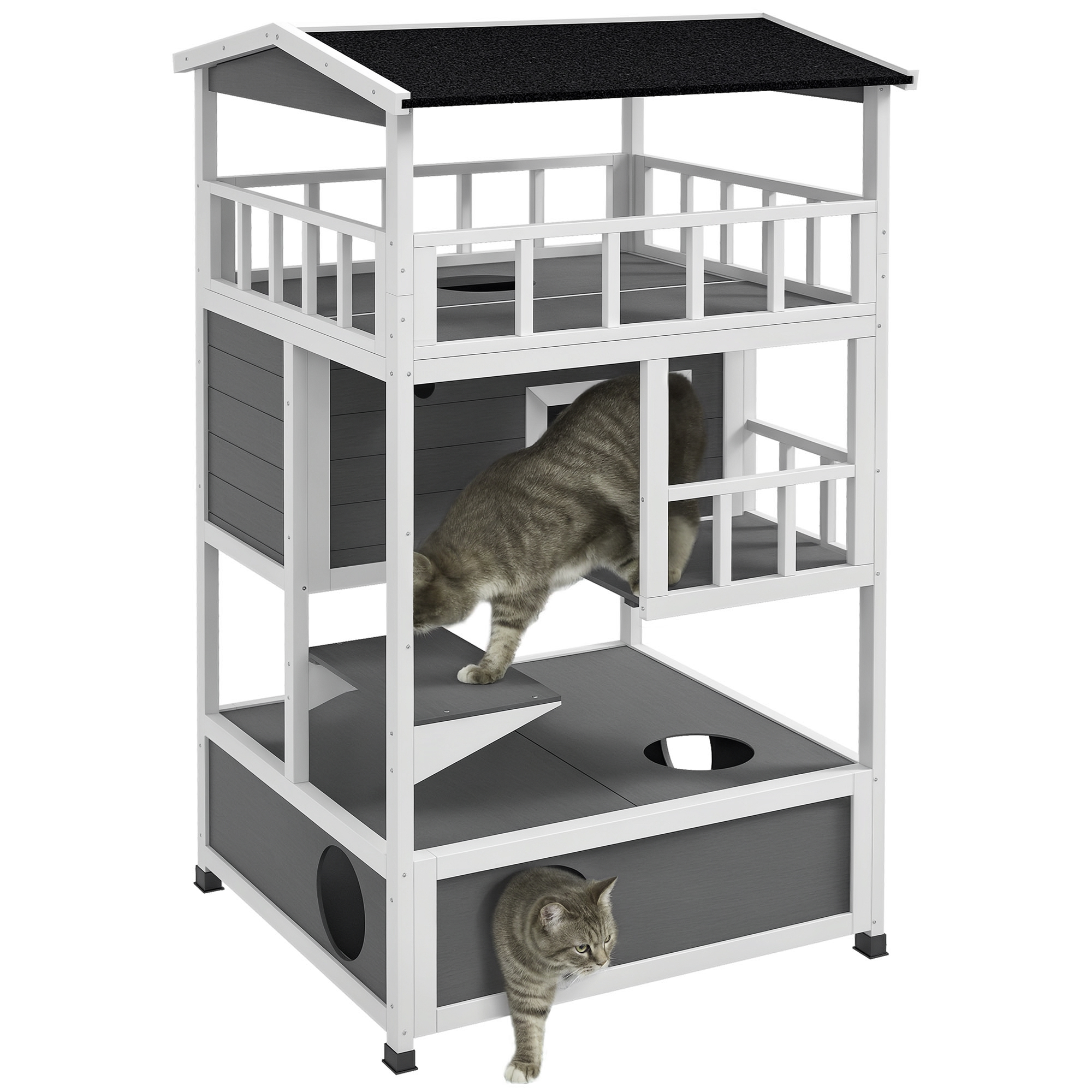 Wooden Outdoor Cat House with Asphalt Roof, Escape Doors, Condo, Jumping Platform, Light Gray (Drop Shipping Only, Not for Amazon)