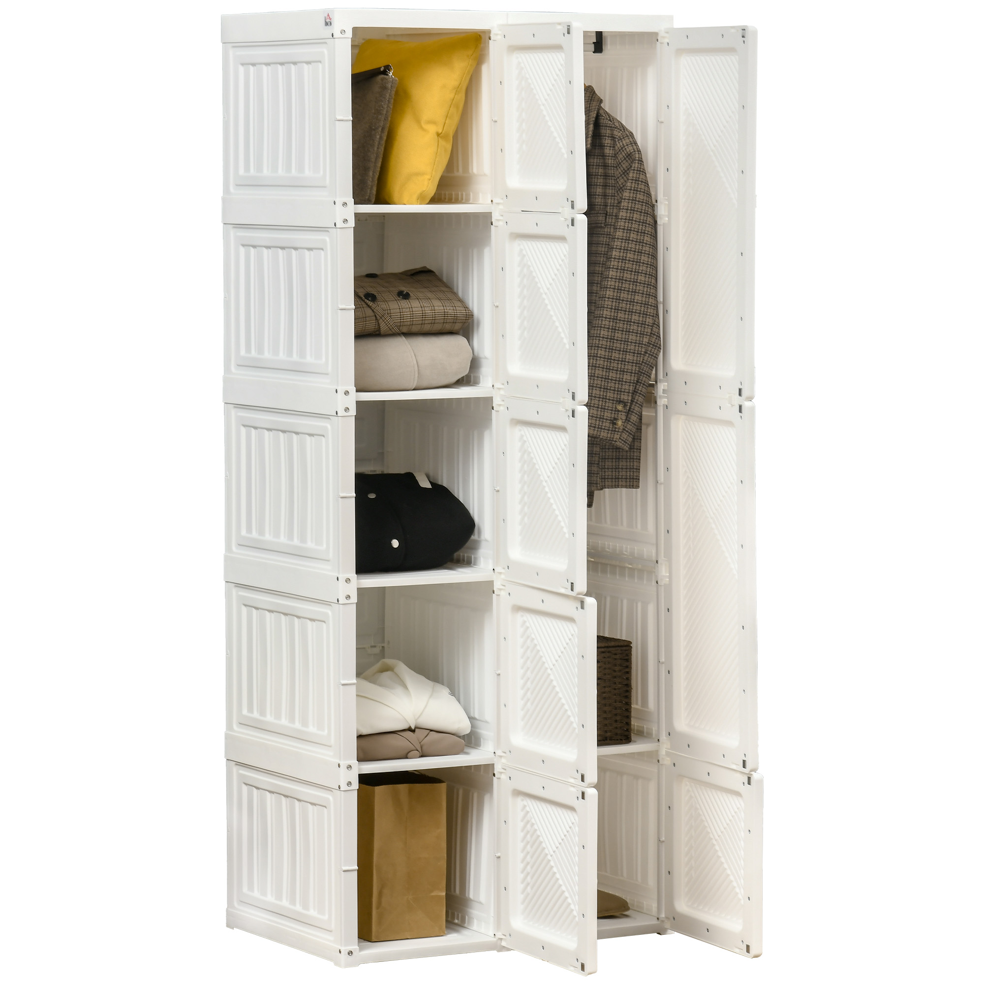 Portable Wardrobe Closet, Folding Bedroom Armoire, Clothes Storage Organizer with Cube Compartments, Hanging Rod, Magnet Doors, White (Drop Shipping Only, Not for Amazon)