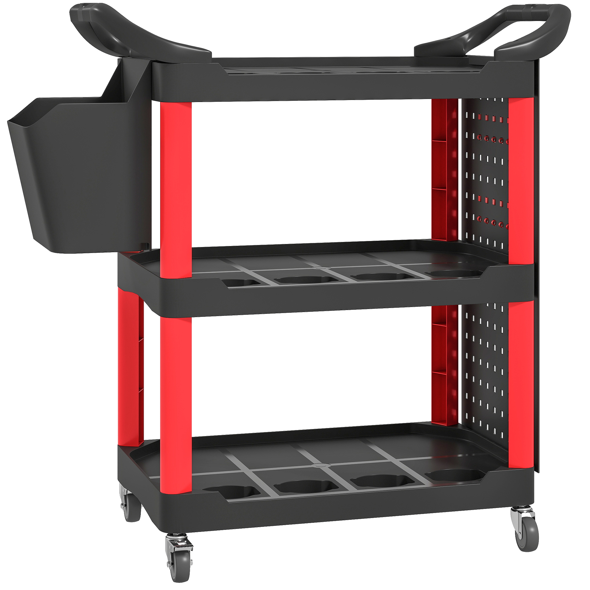 3-Tier Rolling Tool Cart, 200 LBS Capacity Plastic Utility Cart with Side Shelf and Storage Bucket, Black & Red (Drop Shipping Only, Not for Amazon)