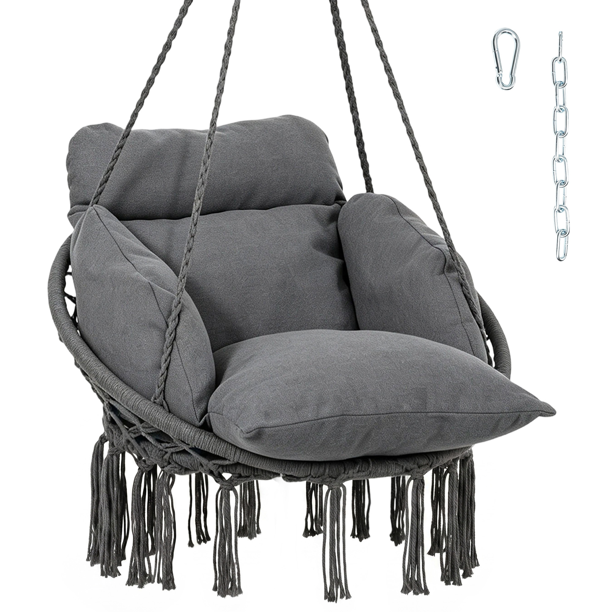 Hammock Swing Chair, Macrame Hanging Chair with Large Cushion, Chain, Steel Frame for Indoor Outdoor Use, Gray (Drop Shipping Only, Not for Amazon)