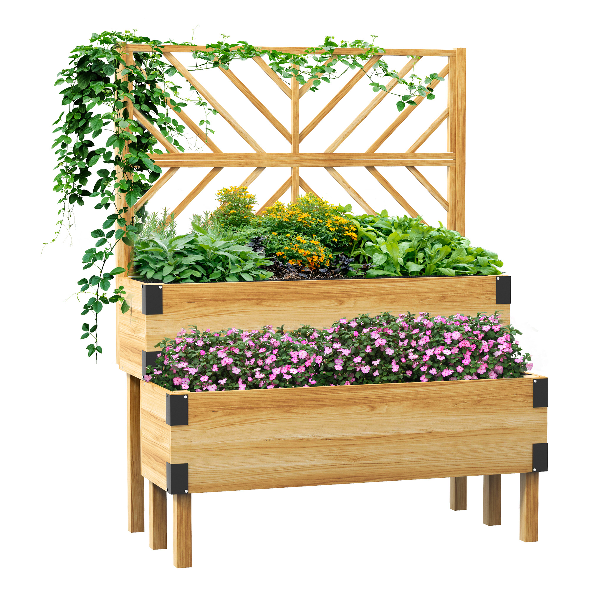 2 Tier Trellis Planter, Wooden Raised Garden Bed, Natural (Drop Shipping Only, Not for Amazon)