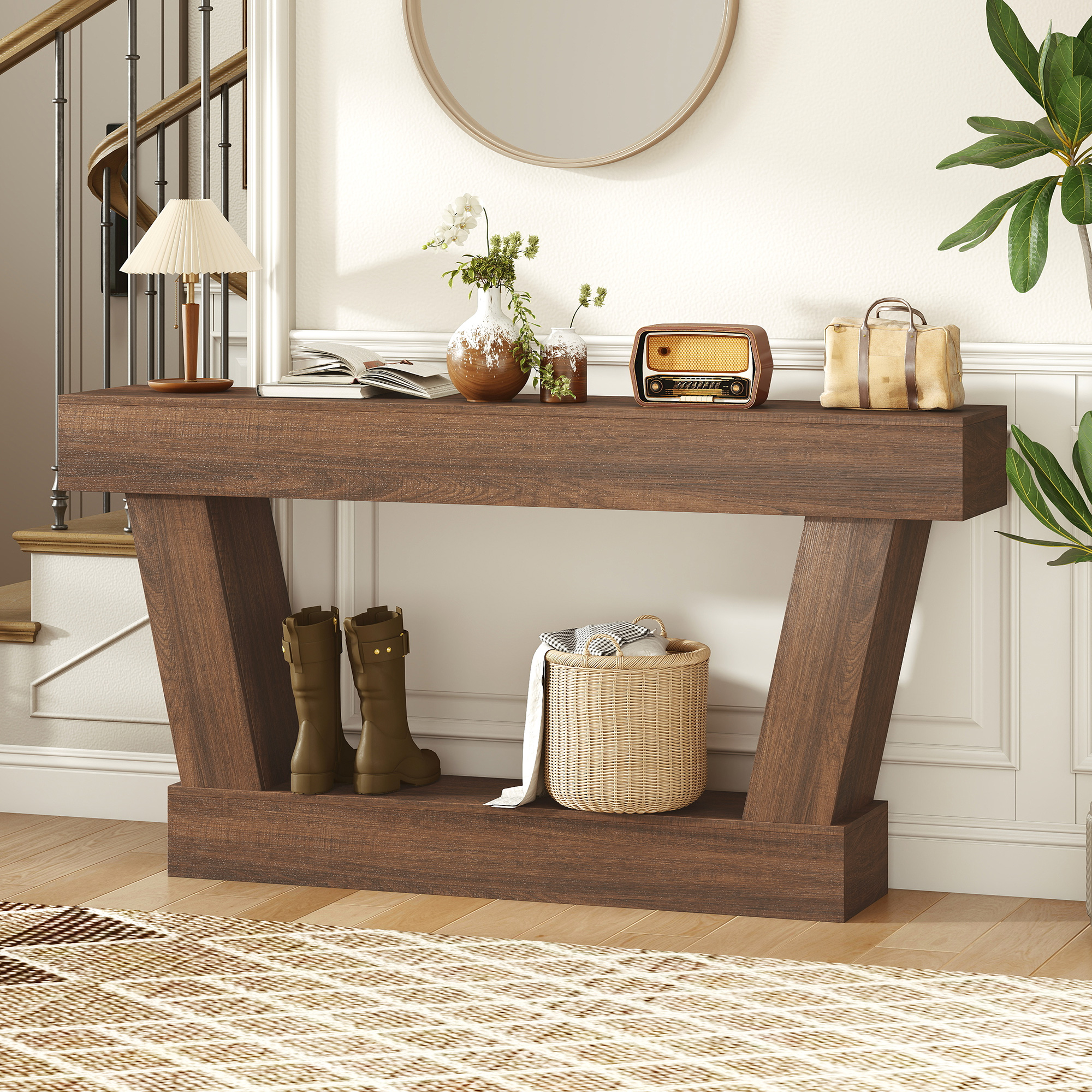 63 Inch Vintage Console Table, Narrow Entryway Table with Open Shelf for Living Room, Brown (Drop Shipping Only, Not for Amazon)