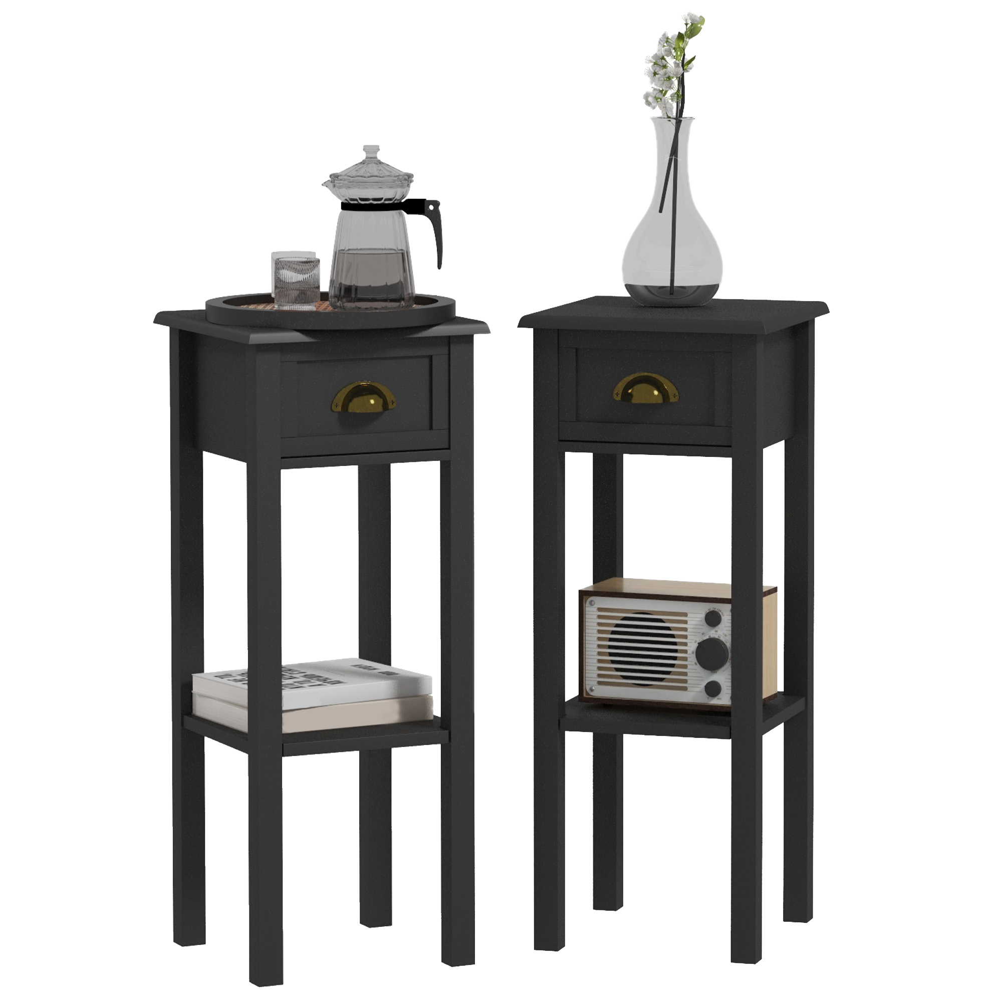 2-Tier Side Tables Set of 2 with Drawer and Shelf, 2 Pieces End Tables for Living Room and Hallway, Gray (Drop Shipping Only, Not for Amazon)
