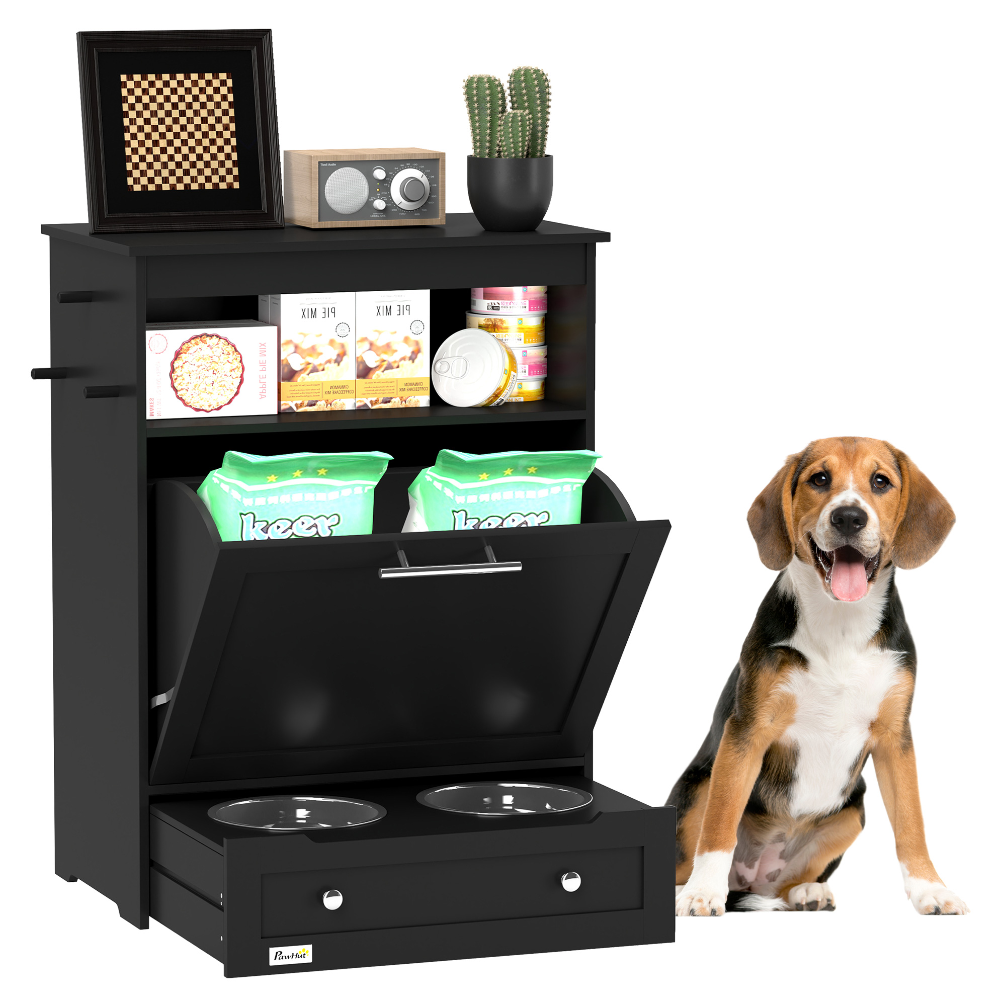 Pet Feeder Station, Dog, Cat Storage Container, with Raised Bowls, Hanger, Cabinet - Black (Drop Shipping Only, Not for Amazon)