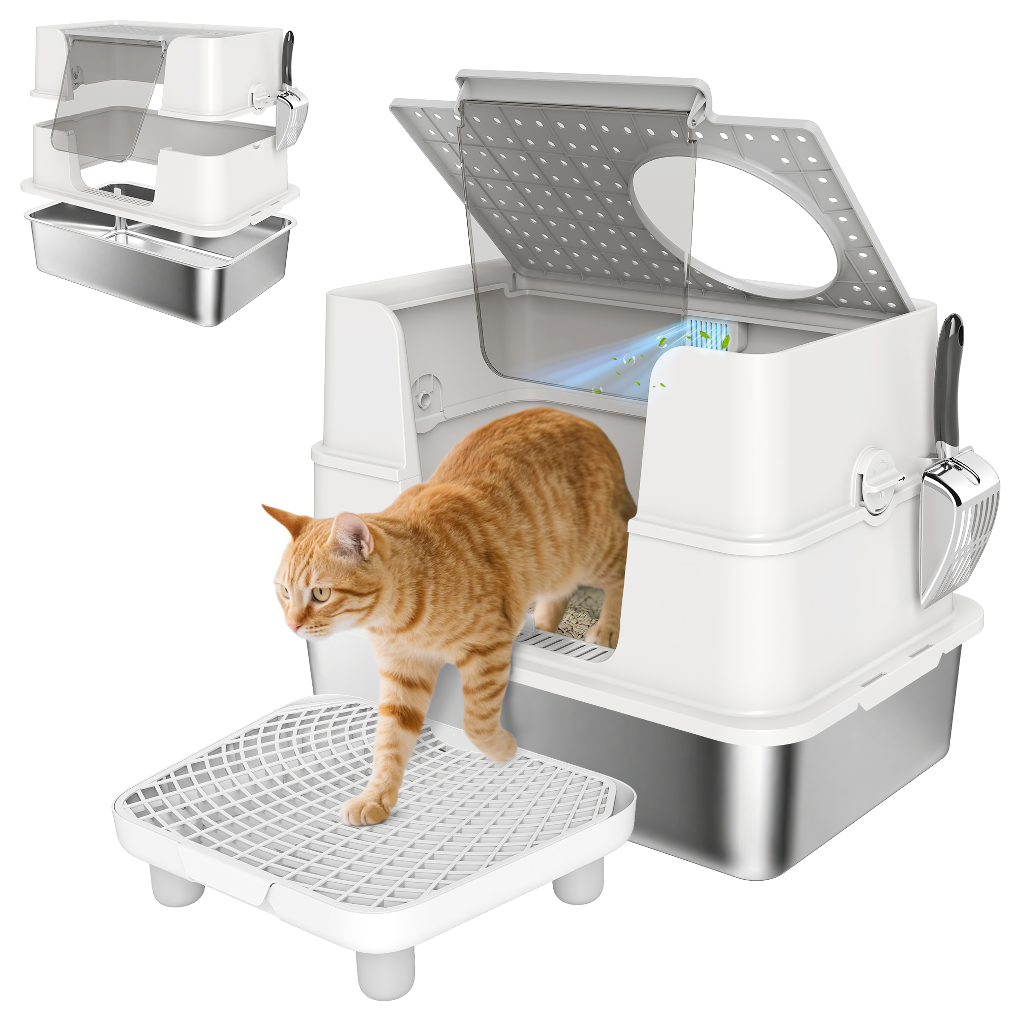 XL Stainless Steel Litter Box w/ 100° Flip Top, Scoop, Step, Top & Side Entry Enclosed Litter Box for Big Cats (Drop Shipping Only, Not for Amazon)
