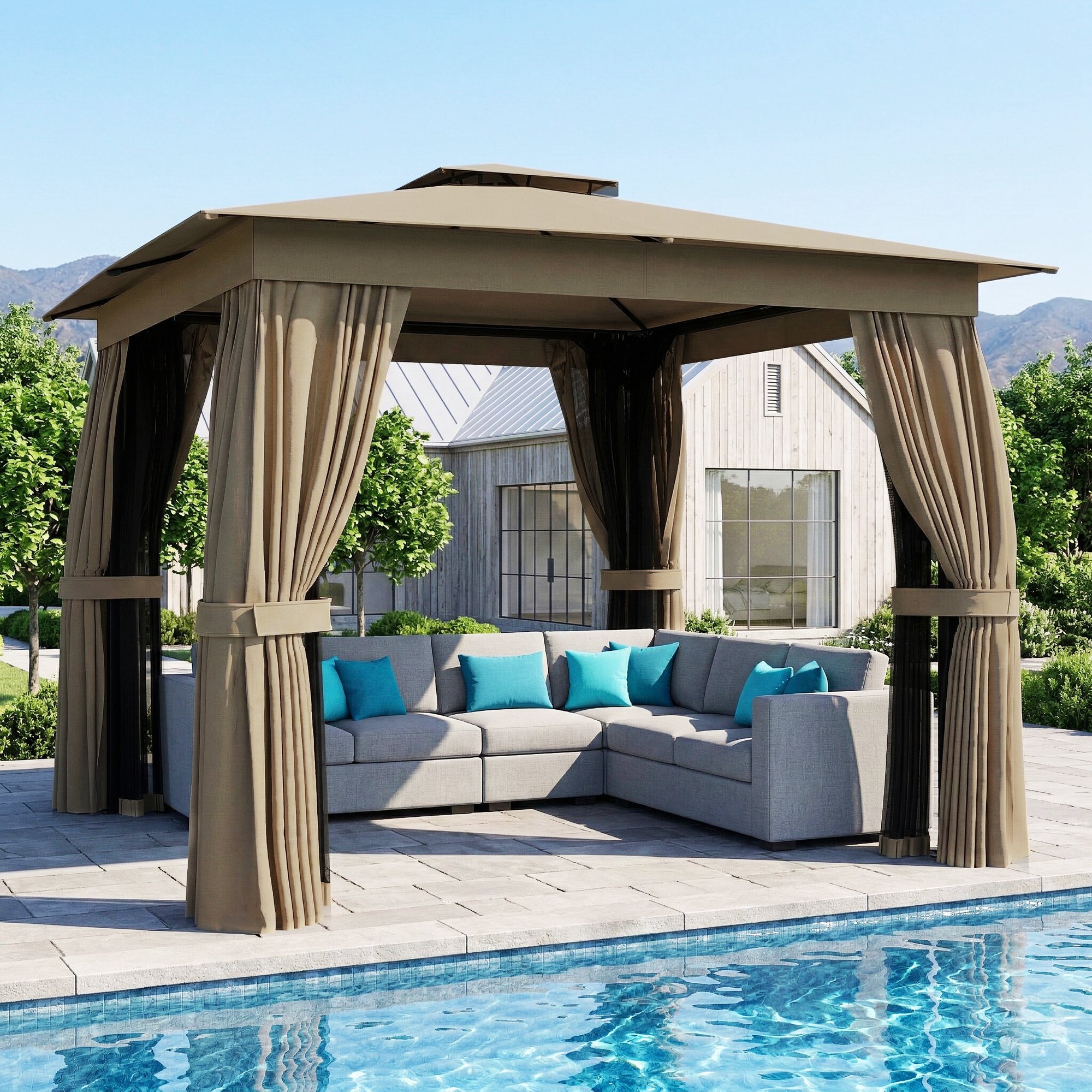 10' x 10' Outdoor Patio Gazebo, Soft Top Gazebo Canopy Shelter with Curtains, Netting, Steel Frame, Hook, Khaki (Drop Shipping Only, Not for Amazon)