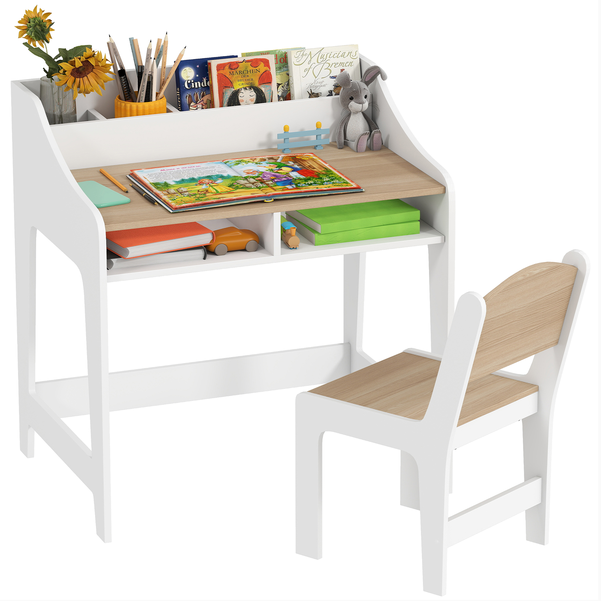 Kids Desk and Chair Set with Storage and Shelves, for Bedroom & Study Room, Gift for 3-8 Years Old, Natural Wood (Drop Shipping Only, Not for Amazon)