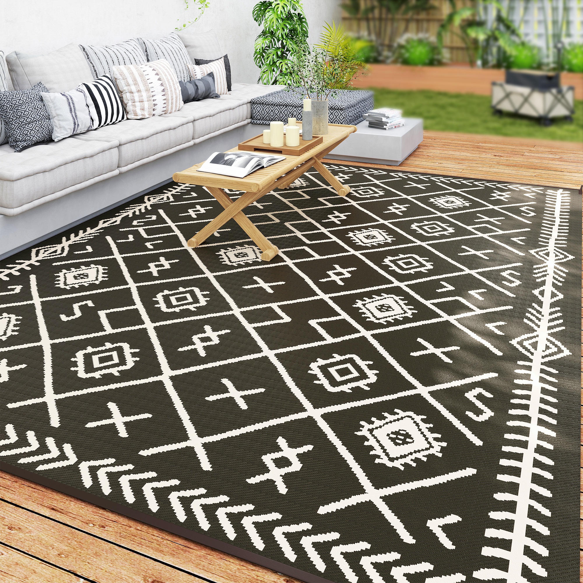 Reversible Outdoor Rug, Waterproof Plastic Straw with Carry Bag, 9' x 12', Black & Beige Rhombus (Drop Shipping Only, Not for Amazon)