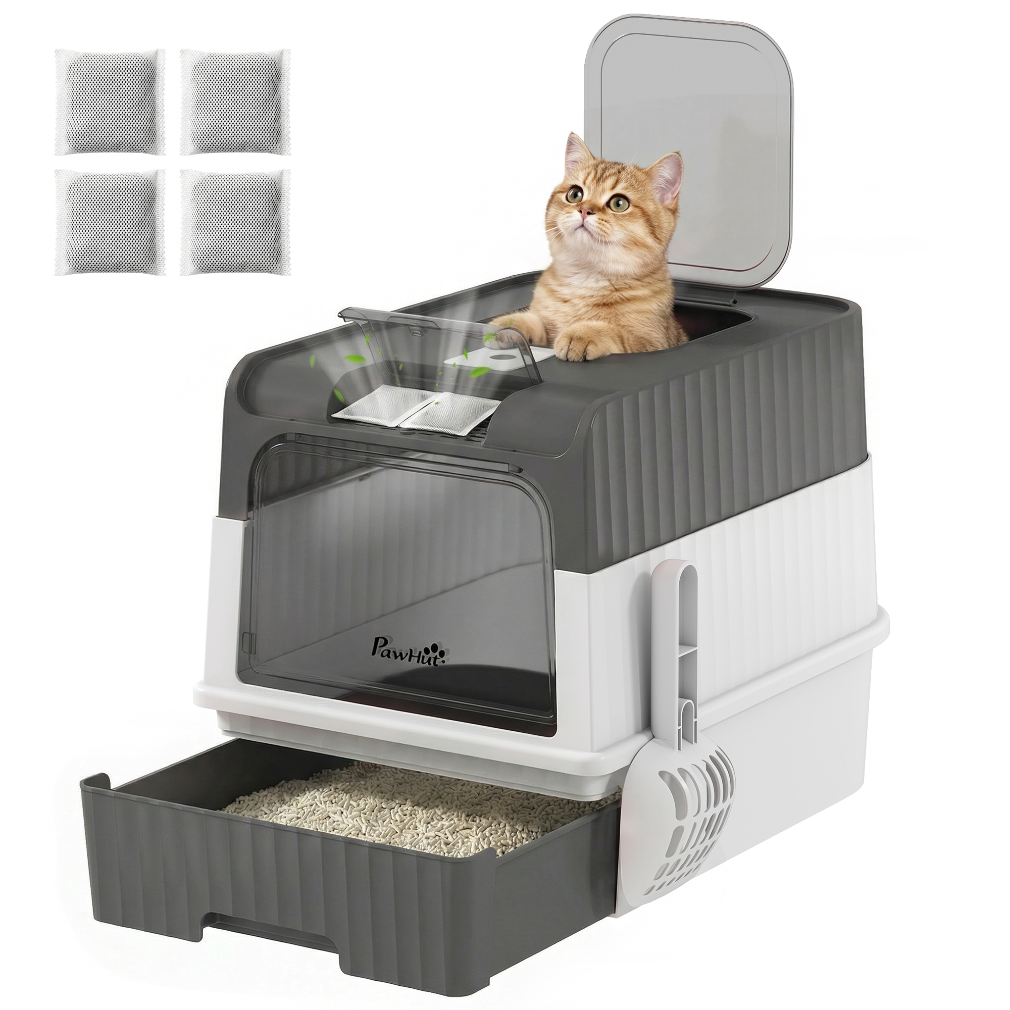 Enclosed Cat Litter Box with Lid, Pull-Out Drawer Tray, Scoop, 4 Deodorisation Bags, Front Entry & Top Exit, Pink (Drop Shipping Only, Not for Amazon)
