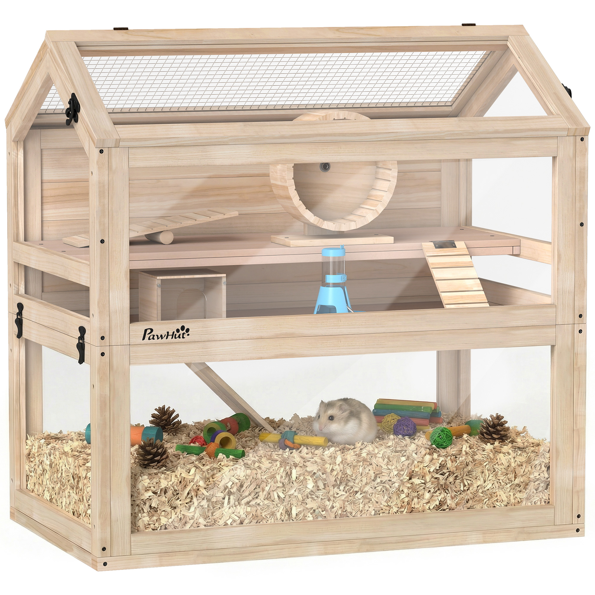 Wooden Hamster Cage, 3-Tier Small Animal Cage with Hut, Seesaw, Ramps, Exercise Wheel, Acrylic Panel and Bottom Tray (Drop Shipping Only, Not for Amazon)
