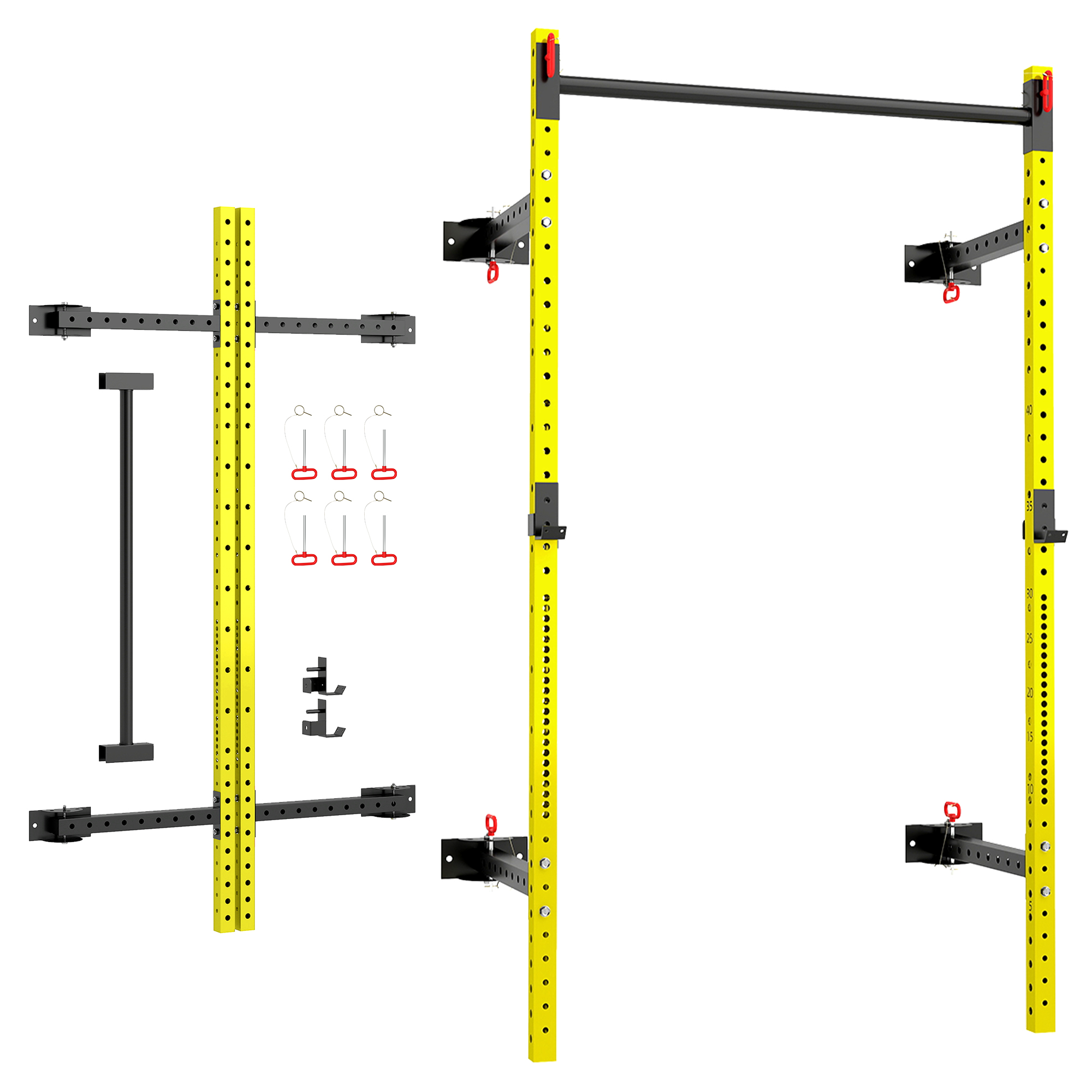 Folding Squat Rack with Pull Up Bar, Wall Mounted and Adjustable, 1000 Pounds Capacity Power Rack, Yellow (Drop Shipping Only, Not for Amazon)