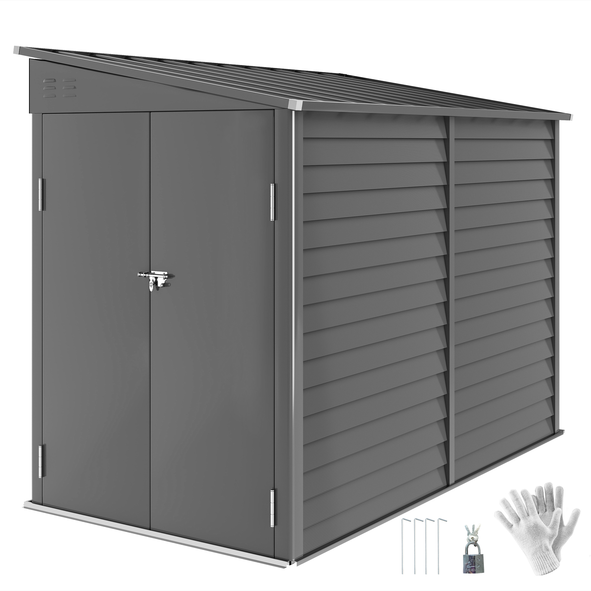 4.6' x 9' Outdoor Storage Shed, Lean to Metal Shed with Foundation Kit, Lockable Doors and Gloves for Patio, Lawn, Dark Gray (Drop Shipping Only, Not for Amazon)