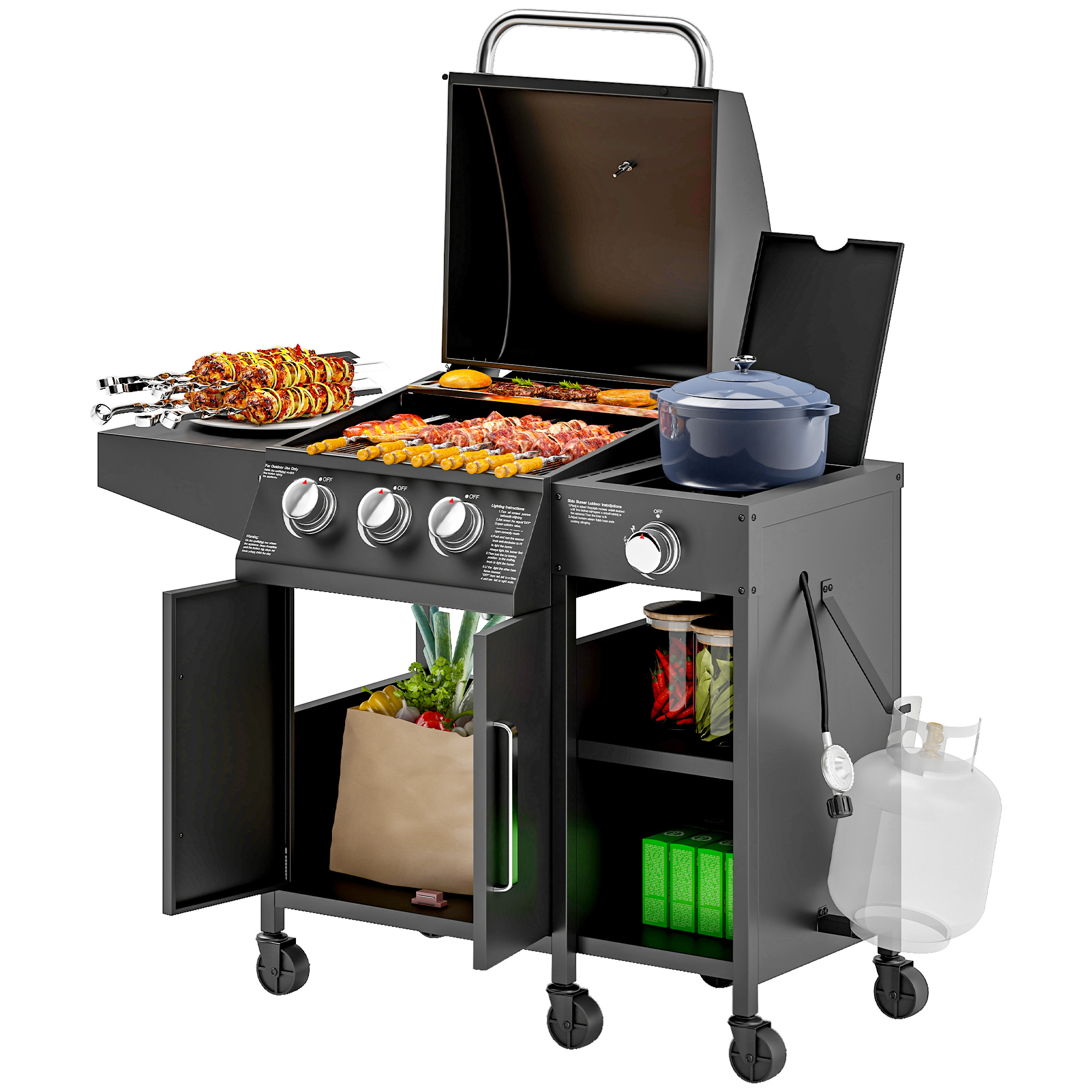 3 Burner Propane Gas Grill with Side Burner Barbecue Grill with Shelves, 9.5 KW Output, 310 Sq. in. Cooking Area (Drop Shipping Only, Not for Amazon)