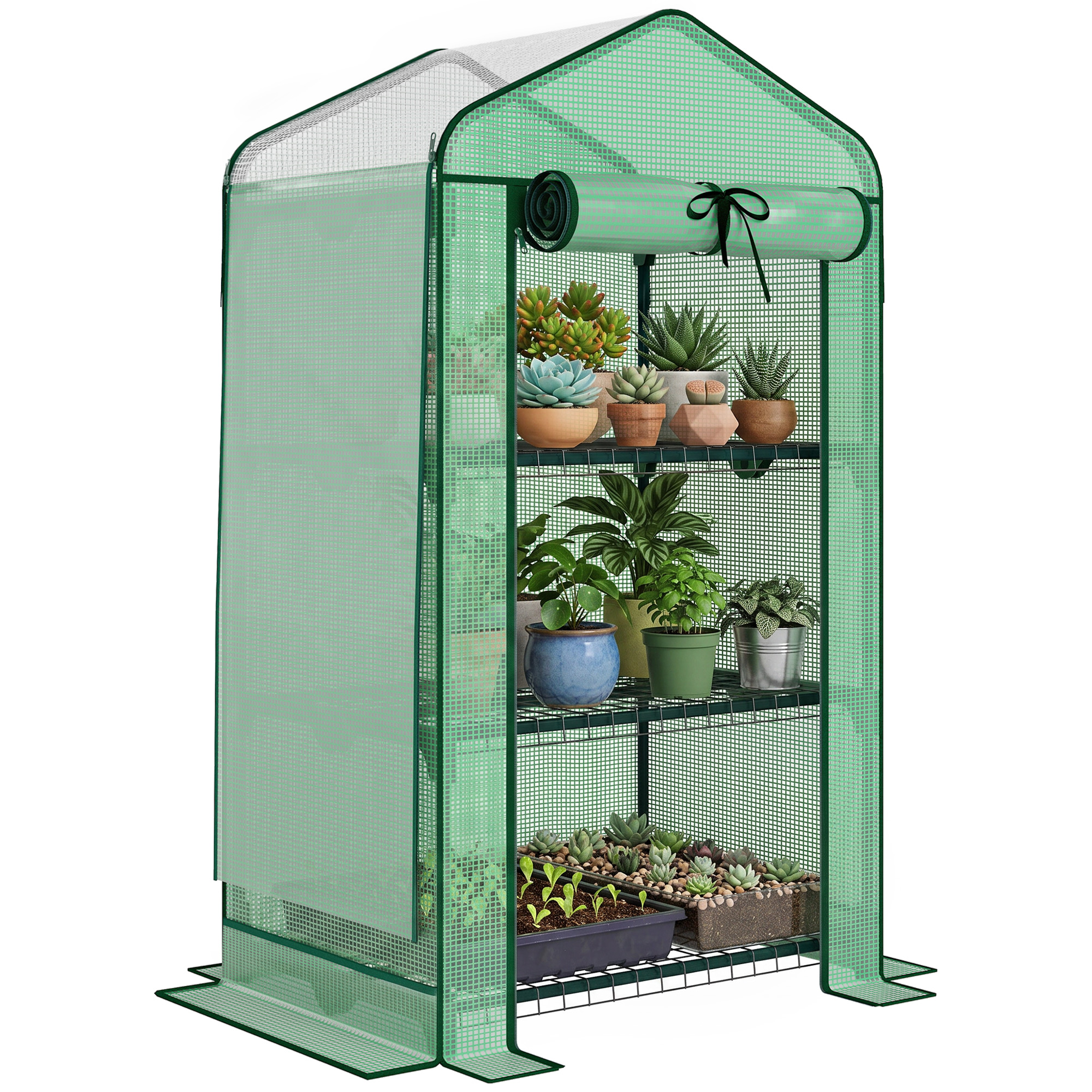 Mini Greenhouse with Screen Roof, Portable Small Greenhouse with Roll-Up Zipper Door, 27.6