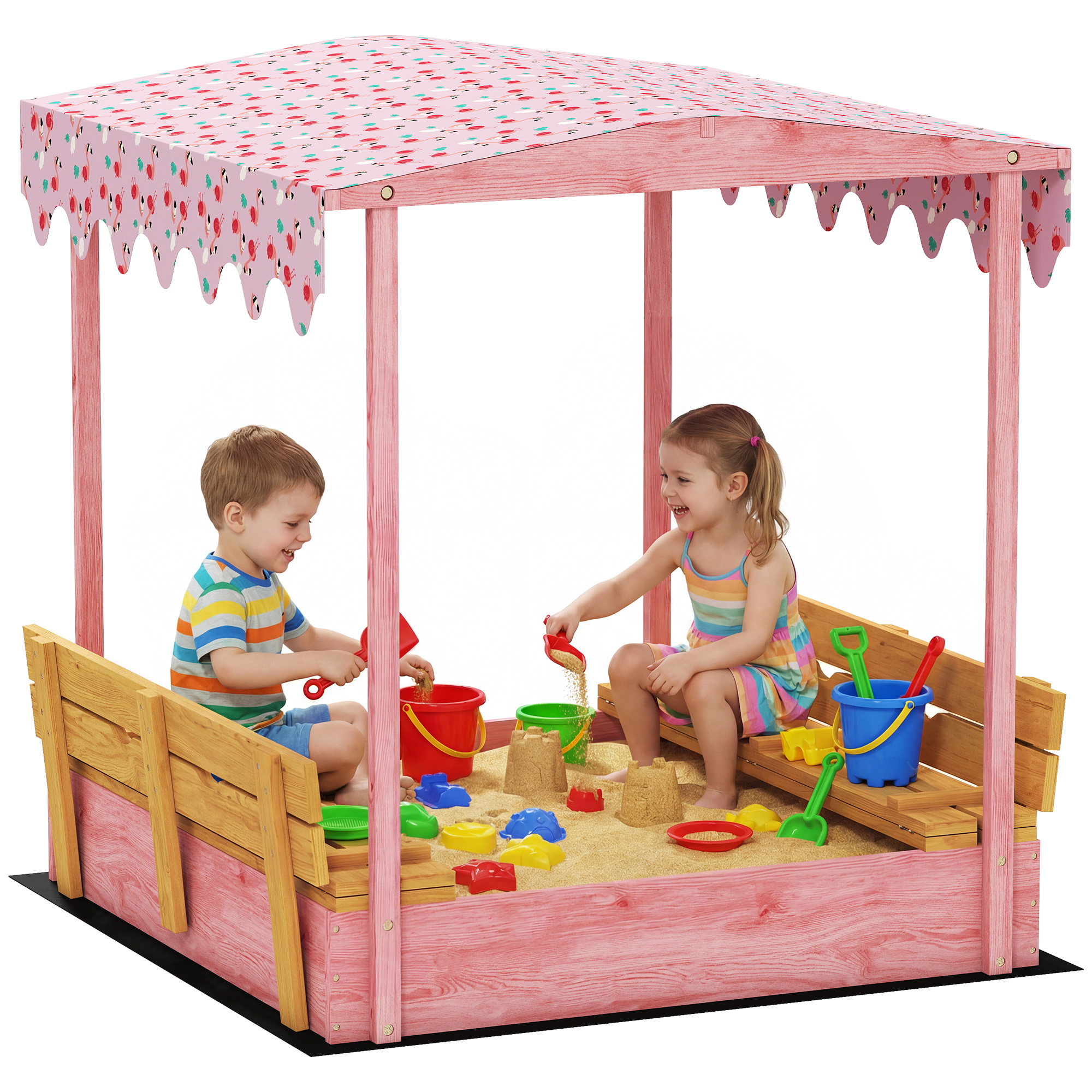 Wooden Sandbox with Lid, Flamingos Print Canopy, Kids Outdoor Sand Pit with Foldable Bench Seats, Bottom Liner, Pink (Drop Shipping Only, Not for Amazon)