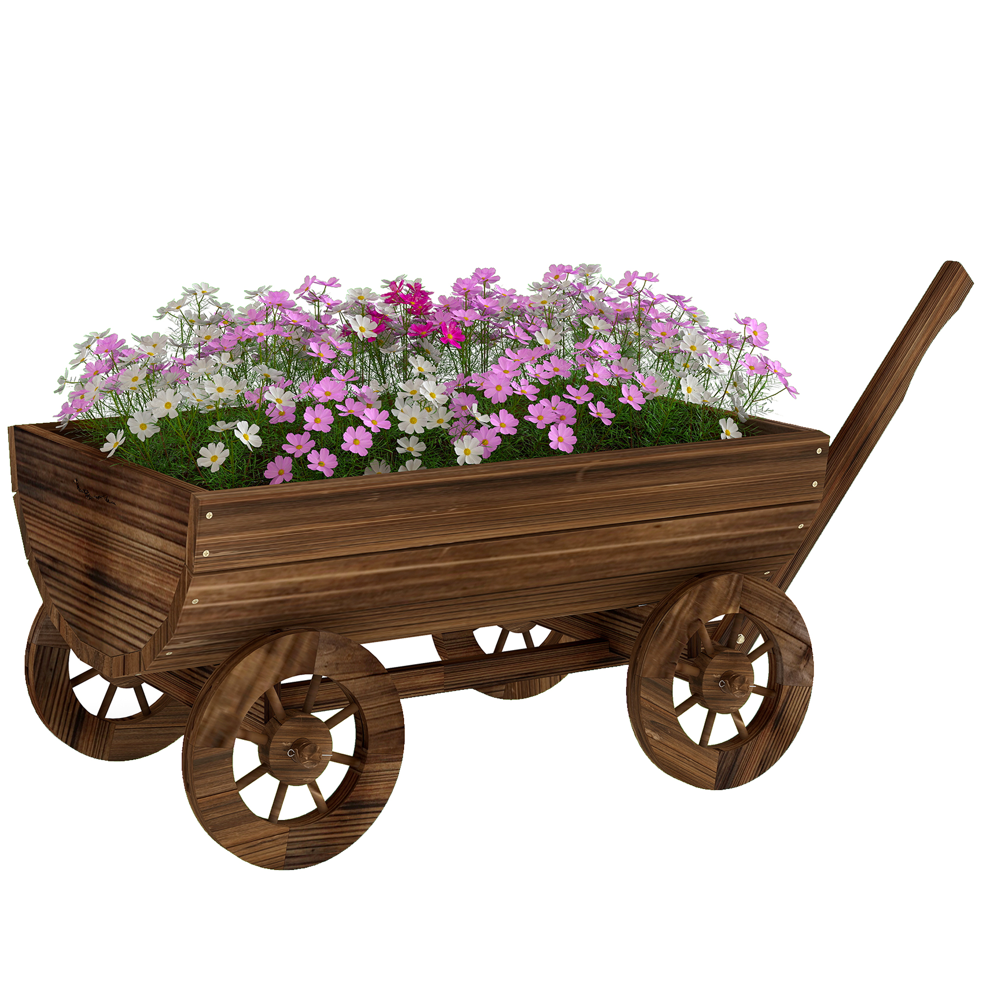 Wooden Wagon Planter Box, Mobile Garden Planter with 4 Wheels, Small Wheelbarrow Wagon Flower Cart with Drainage Hole (Drop Shipping Only, Not for Amazon)