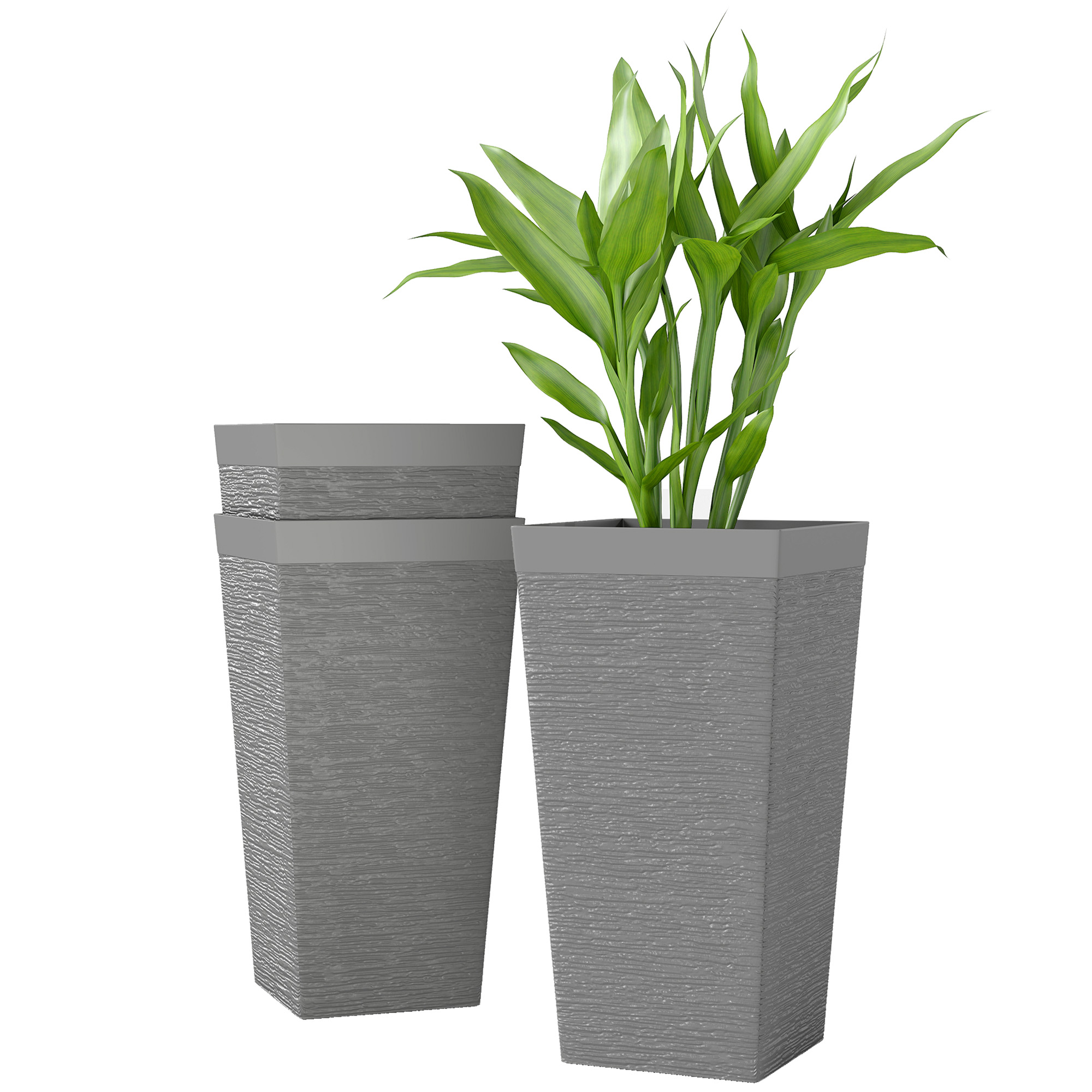 22.8 Inch Set of 3 Outdoor Planters with Stone Finish and Wheels, Stackable Tapered Planters with Drainage Hole, White (Drop Shipping Only, Not for Amazon)