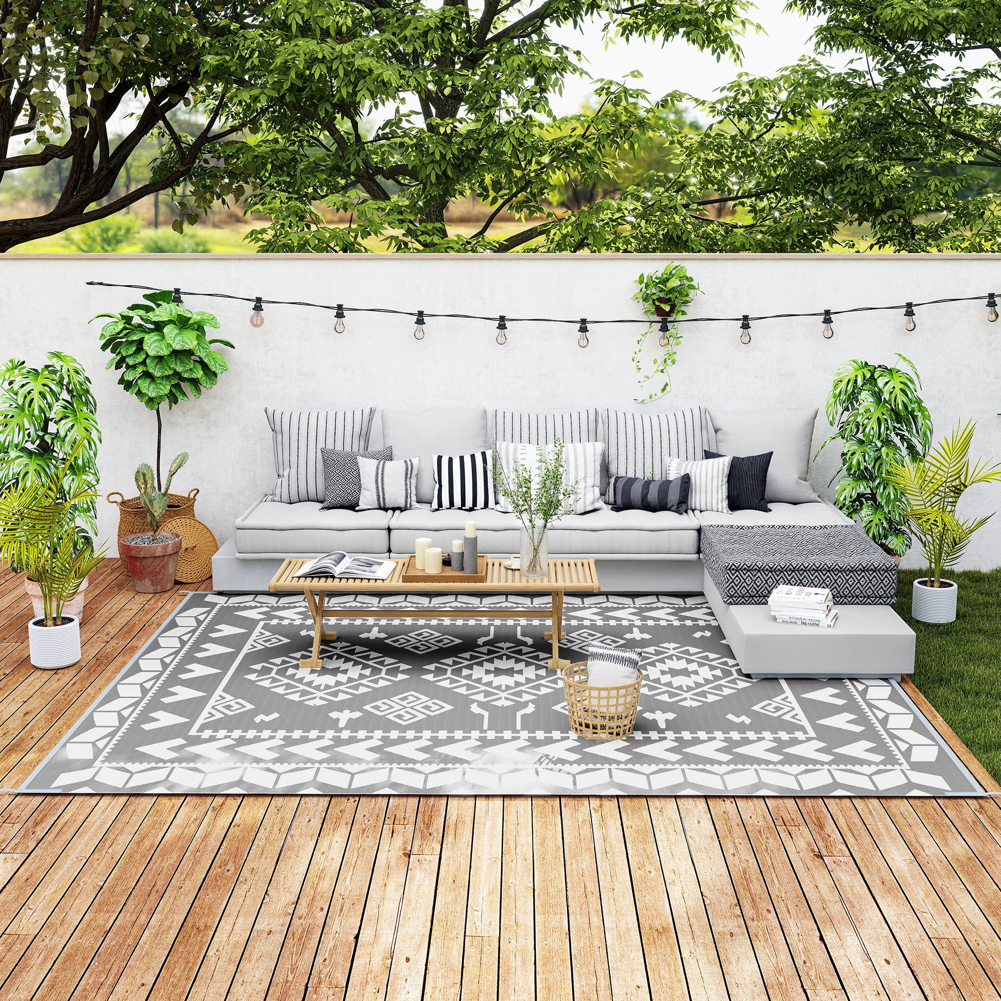 Reversible Outdoor Rug, Waterproof Plastic Straw with Carry Bag, 9' x 12', Gray & White Rhombus Patchwork (Drop Shipping Only, Not for Amazon)