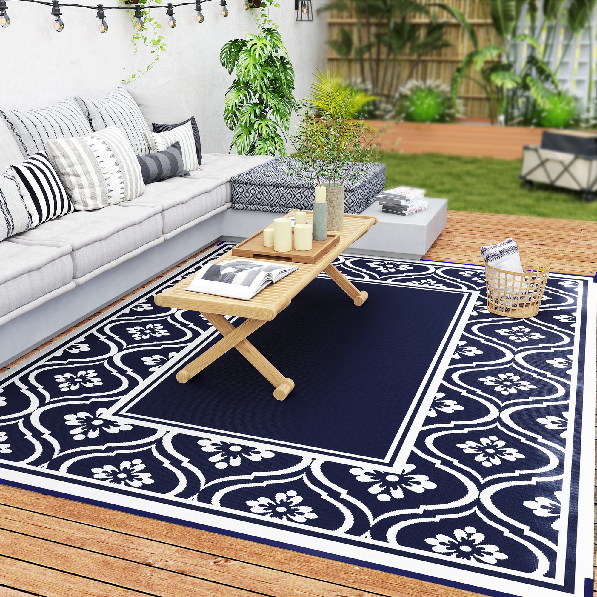 Reversible Outdoor Rug, Waterproof Plastic Straw with Carry Bag, 8' x 10', Blue & White Gourd Border (Drop Shipping Only, Not for Amazon)