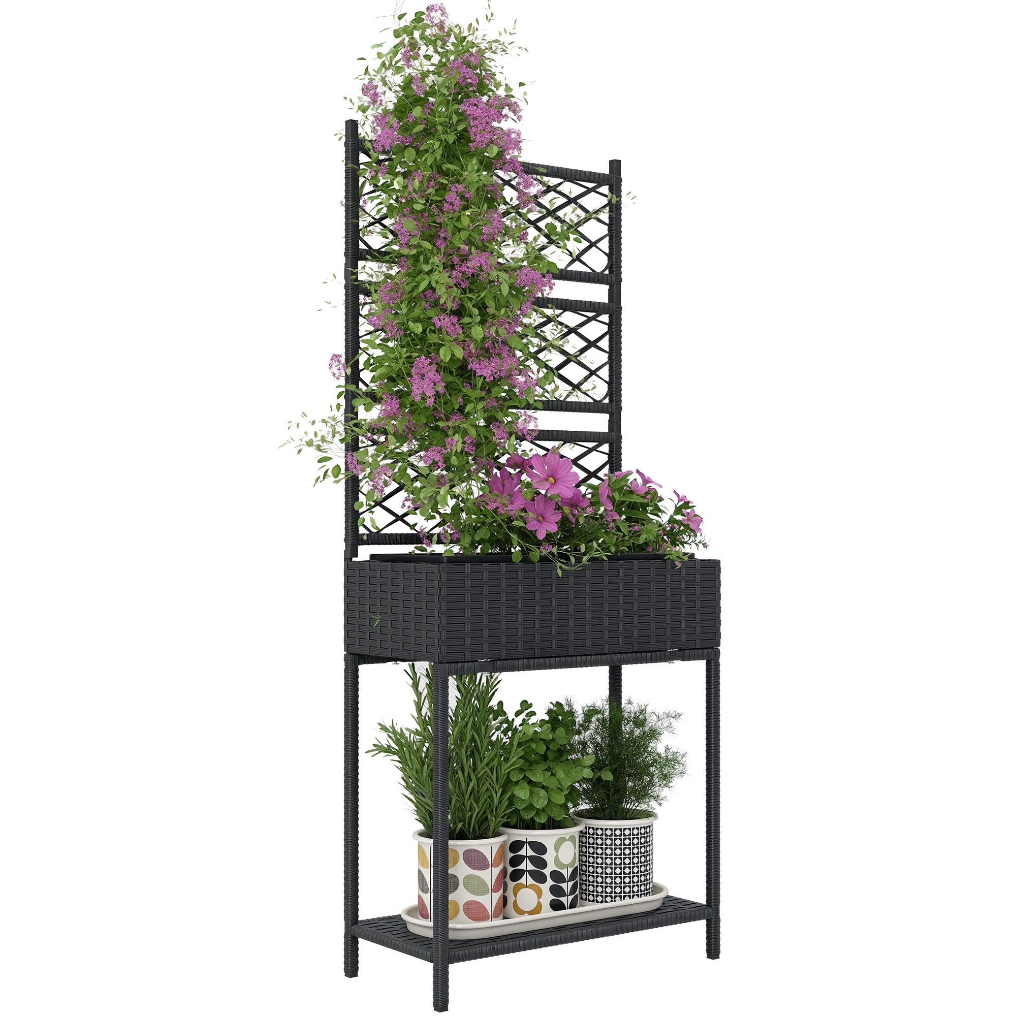 Outdoor Wicker Planter with Trellis for Climbing Plants, Freestanding Rattan Garden Box with Storage Shelf, Brown (Drop Shipping Only, Not for Amazon)