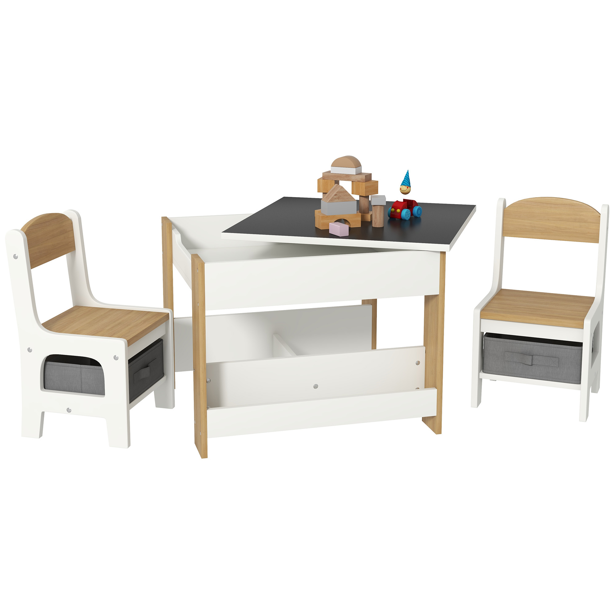Three-Piece Kids Table and Chair Set with Blackboard, Storage, Bookshelves - Natural Wood (Drop Shipping Only, Not for Amazon)