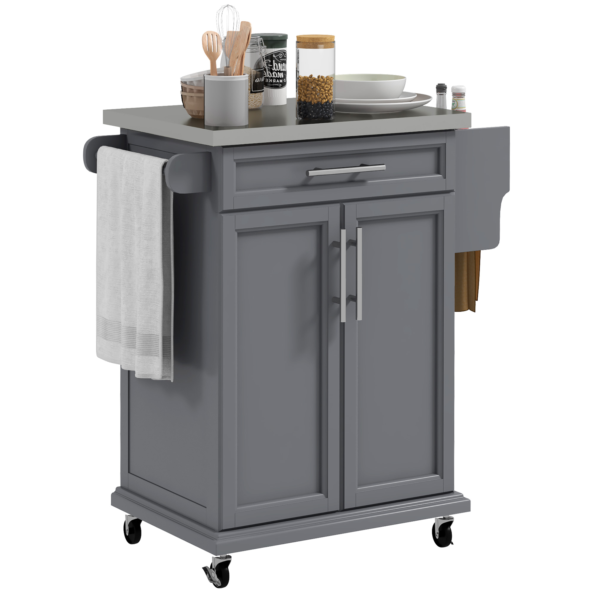 Kitchen Island on Wheels, Rolling Kitchen Cart with Stainless Steel Countertop, Drawer, Towel Rack and Spice Rack, Utility Storage Trolley, Gray (Drop Shipping Only, Not for Amazon)