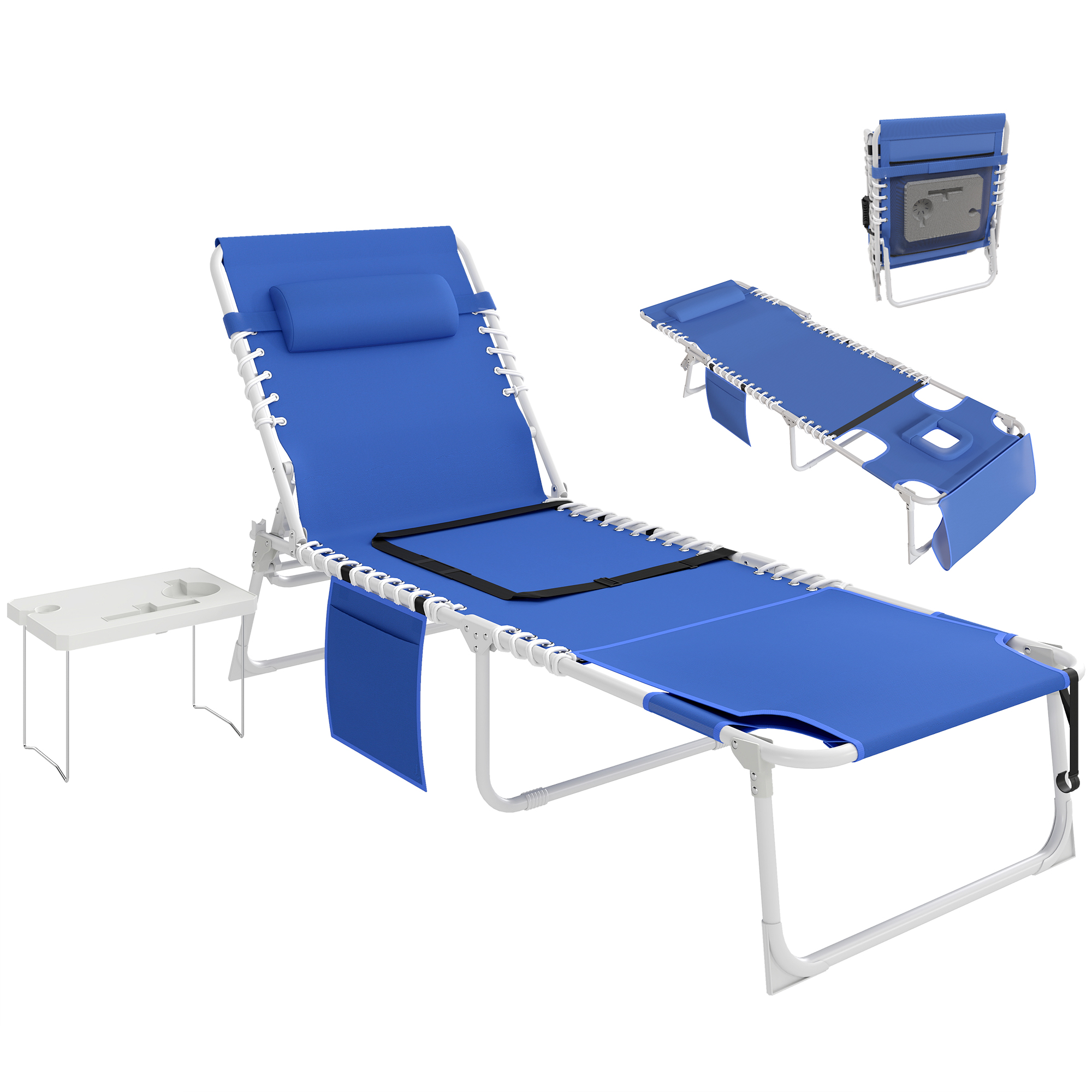 Tanning Chair with Face Hole and Side Table, 5-Position Folding Outdoor Chaise Lounge Chair, Navy Blue (Drop Shipping Only, Not for Amazon)